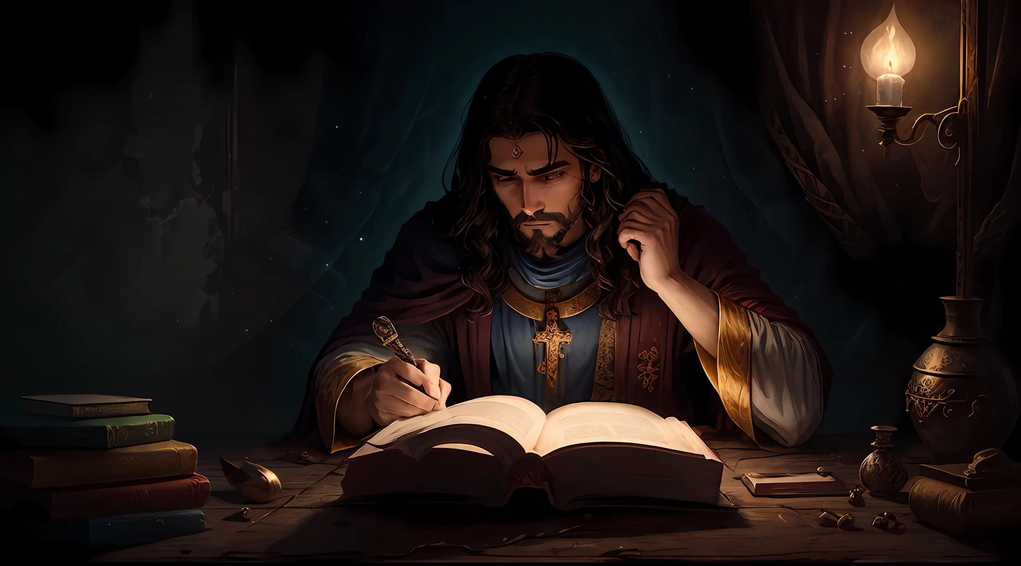 Jesus lendo um livro com uma cruz ao fundo, Rei dos Reis, Jesus Cristo, O Senhor e Salvador, Jovem Deus Todo-Poderoso, Retrato do Imperador da Humanidade, deus imperador, holy sword in his hands, Retrato de Jesus Cristo, sentou-se em seu trono, bible illustration, O Deus Imperador da Humanidade, imagem do avatar, by Hristofor Žefarović --auto