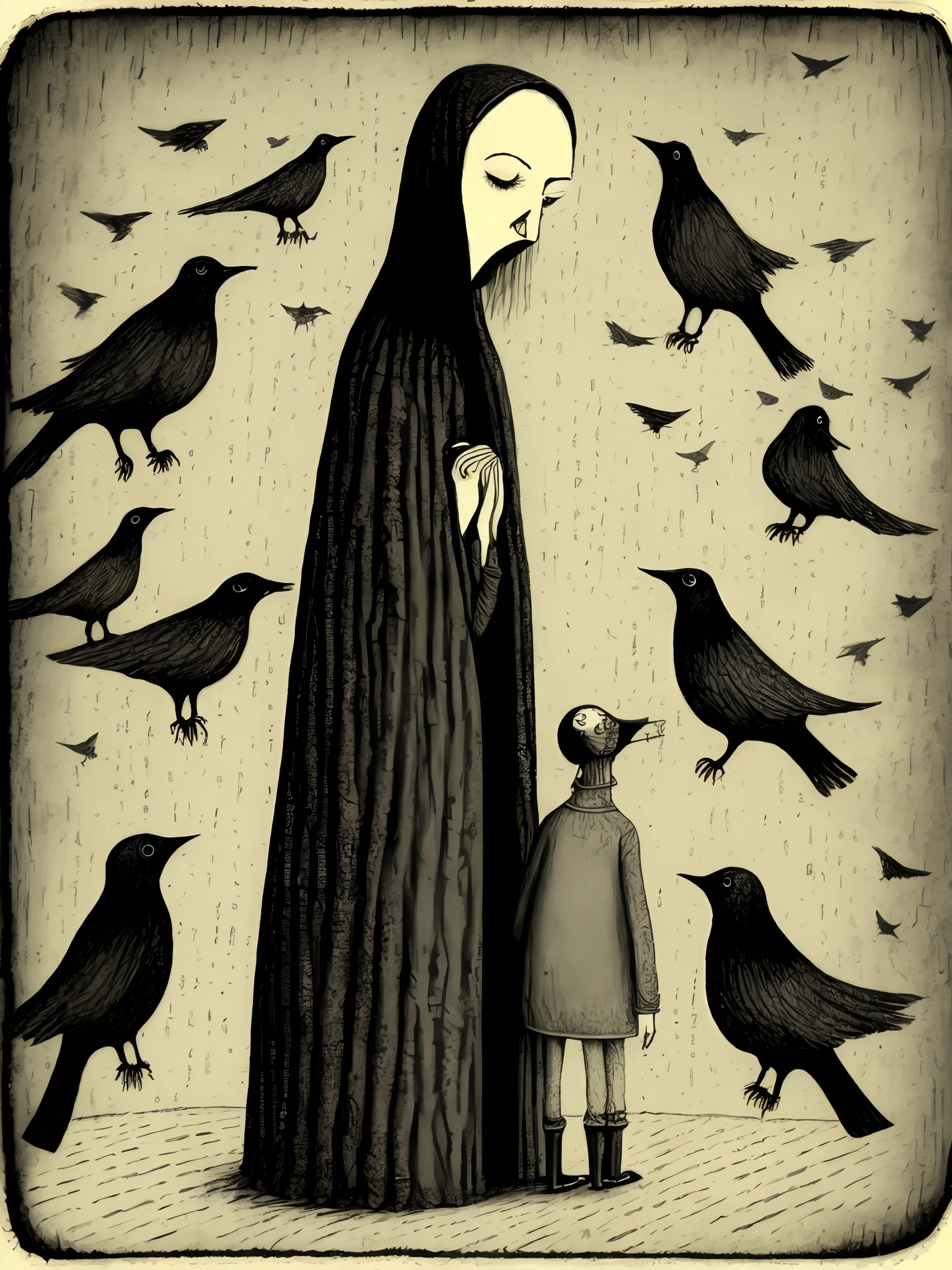 Woman's face crying tears of blood with birds flying around her. Terror , estilo anos 90 por Edward Gorey