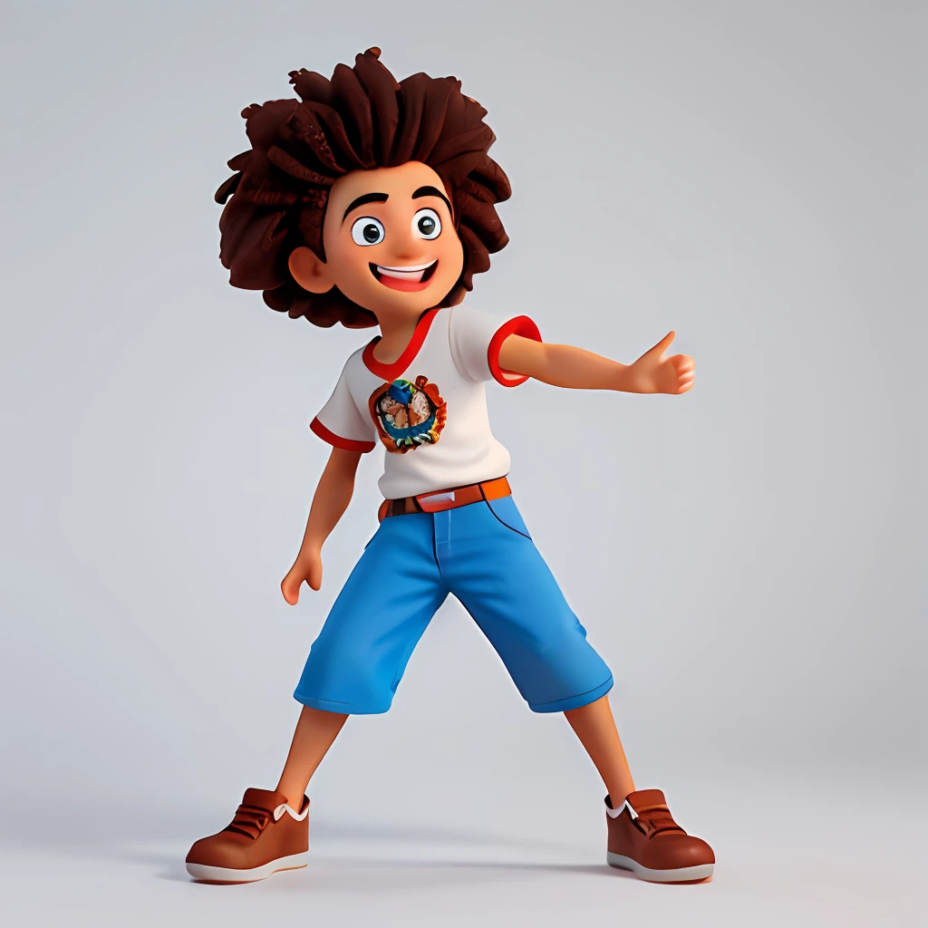 Draw a  male character with a funny appearance and Afro-Brazilian style, representing the culture of Bahia. He has olive skin and dark dreadlocked hair. The character is full of energy and expressiveness, always with a contagious smile on his face in the style of pixar cartoons. Her personality is fun, outgoing, and lively. He loves sharing funny stories and doing fun challenges on his YouTube channel where he spreads joy and positivity. Your attire may include colorful clothing inspired by typical Bahian clothing, such as short-sleeved shirts with vibrant prints and comfortable pants. Front full body. Be sure to highlight signature facial features, such as expressive eyes and an infectious smile. Enjoy creating this unique and authentic character, best quality,
3d cartoon, fantasy, surrealism, super cute, trending on artstation!