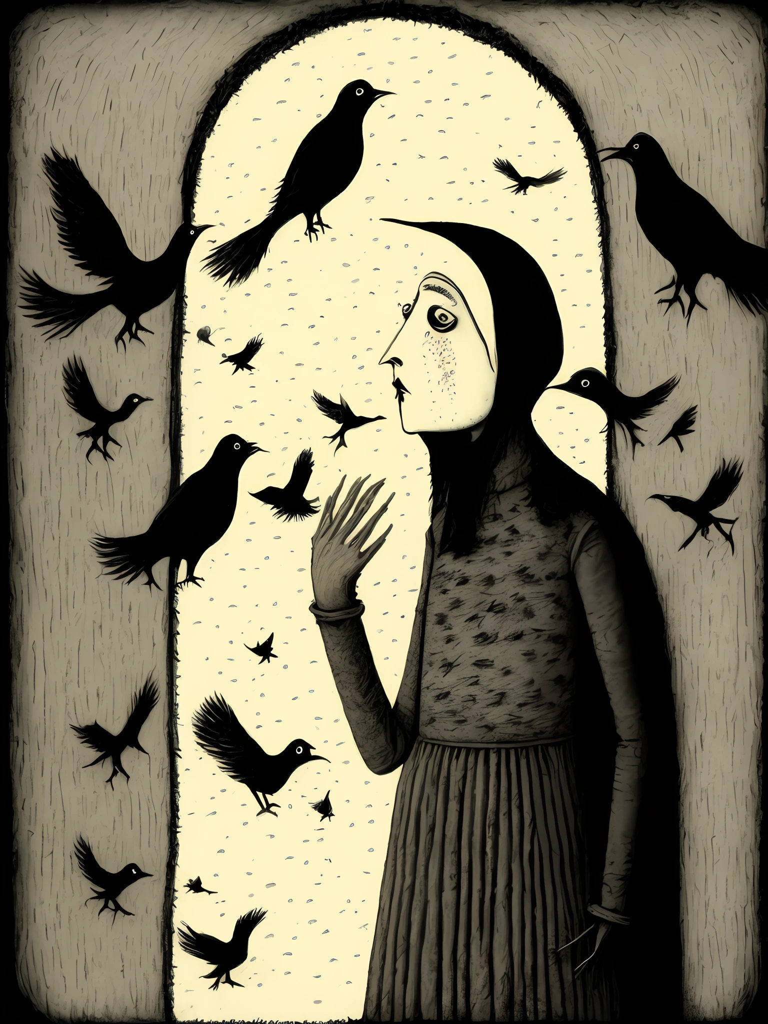 Woman's face crying tears of blood with birds flying around her. Terror , estilo anos 90 por Edward Gorey