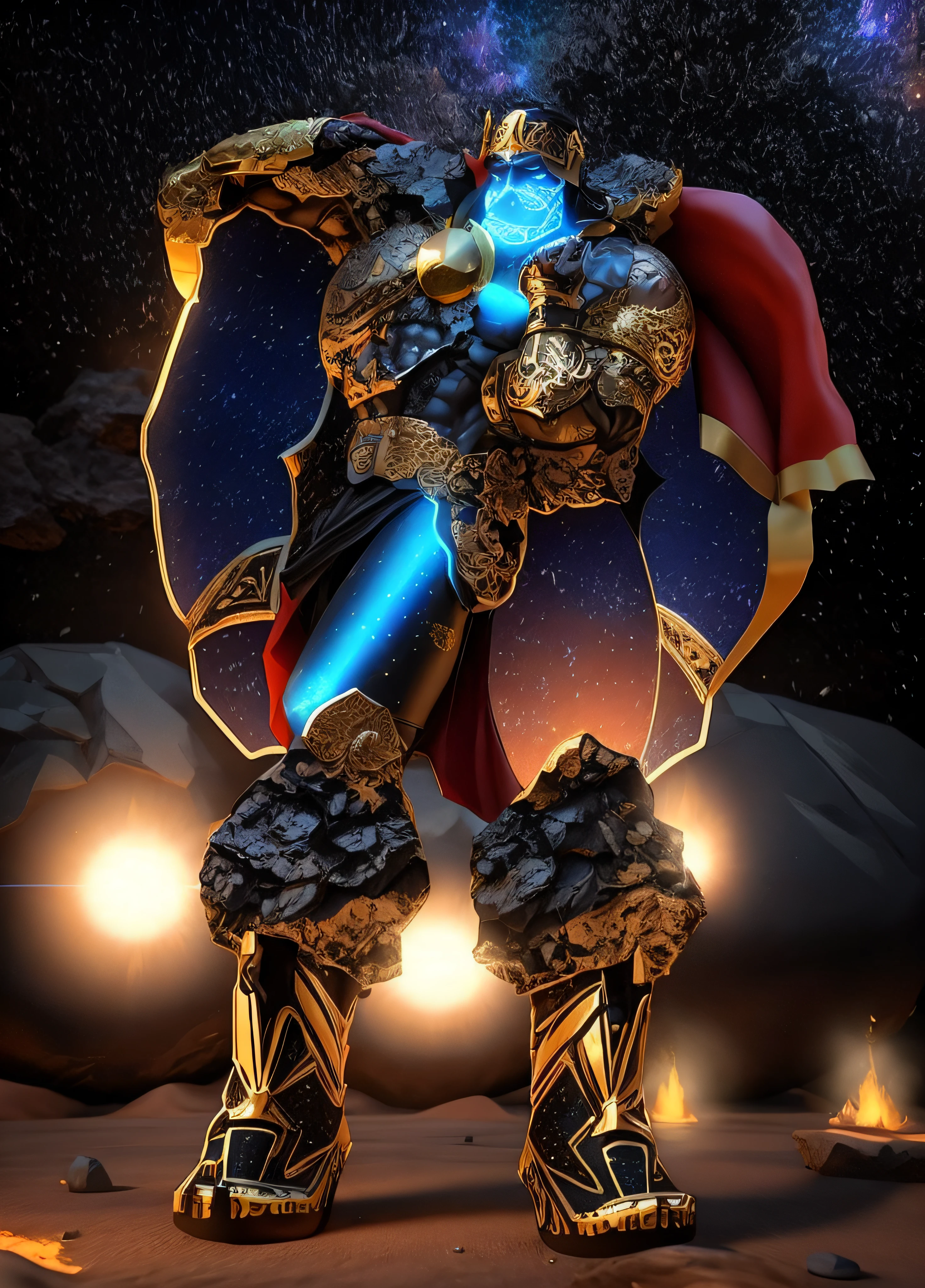 There is a digital painting of a stone giant with black thighs and arms with dots bright as stars, vestido completo da vitrine de lava, Um enorme deus gigante celestial, a shaman holding up the universe, corpo com lava preta e vermelha, Deserto Fighter Mago Antigo, barbarian on mars, Imperador do universo conhecido, galactic deity, male djinn man demon hybrid, Deusa ciborgue no cosmos, djinn man male demon, 3d render em 8k, melhor qualidade, obra-prima, Nikon, luz e sombras realista, 8k, ray tracing, NVIDIA, unreal engine 5,