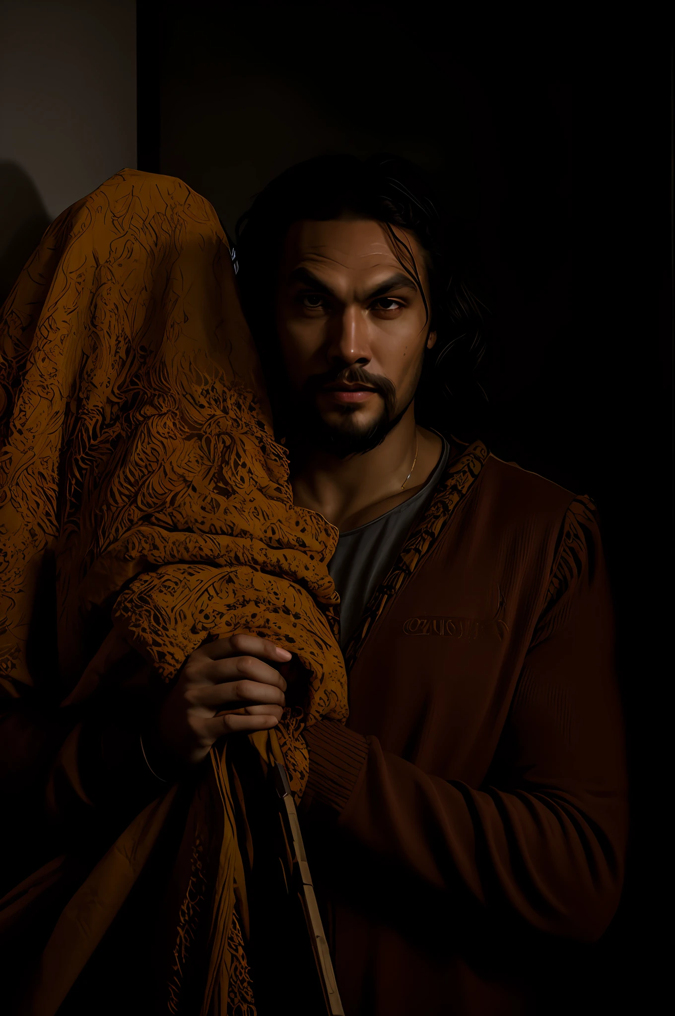 Homem de camisa marrom segurando um pau de madeira, jason momoa as assyrian, handsome prince of persia, portrait of demigod hercules, Directed by: Juan Carlos Stekelman, ary scheffer, Alexandros Pyromallis, como um personagem de fantasia medieval, Hercules, Retrato de Zeus acidentado, ossos como, jason momoa, , Photo Session, Fotografado na lente de 25mm, profundidade de campo, Tilt Blur, velocidade do obturador 1/1000, F/22, White balance, 32k, Super-Resolution, Por foto RGB, half rear lighting, luz de fundo, dramatic lighting, incandescente, soft lighting, volumetric, Dia do Conto, global illumination lighting, Global Screen Space Illumination, Scattering, Sombras, Rough, Cintilante, Lumen reflections, screen space reflections, Diffraction Grading, chromatic aberration, Deslocamento de GB, Linhas de varredura, ambient occlusion, antialiasing, FKAA, TXAA, RTX, SSAO, Sombreadores OpenGL, Post processing, post - production, Cell Shading, Mapeamento de Tons, ......cgi, VFX, SFX, Insanamente detalhado e intrincado, Hiper maximalista, elegante, dynamic pose, fotografia, volumetric, ultra-detalhado, detalhes intrincados, super detalhado, ambient –uplight –v 4 –q 2