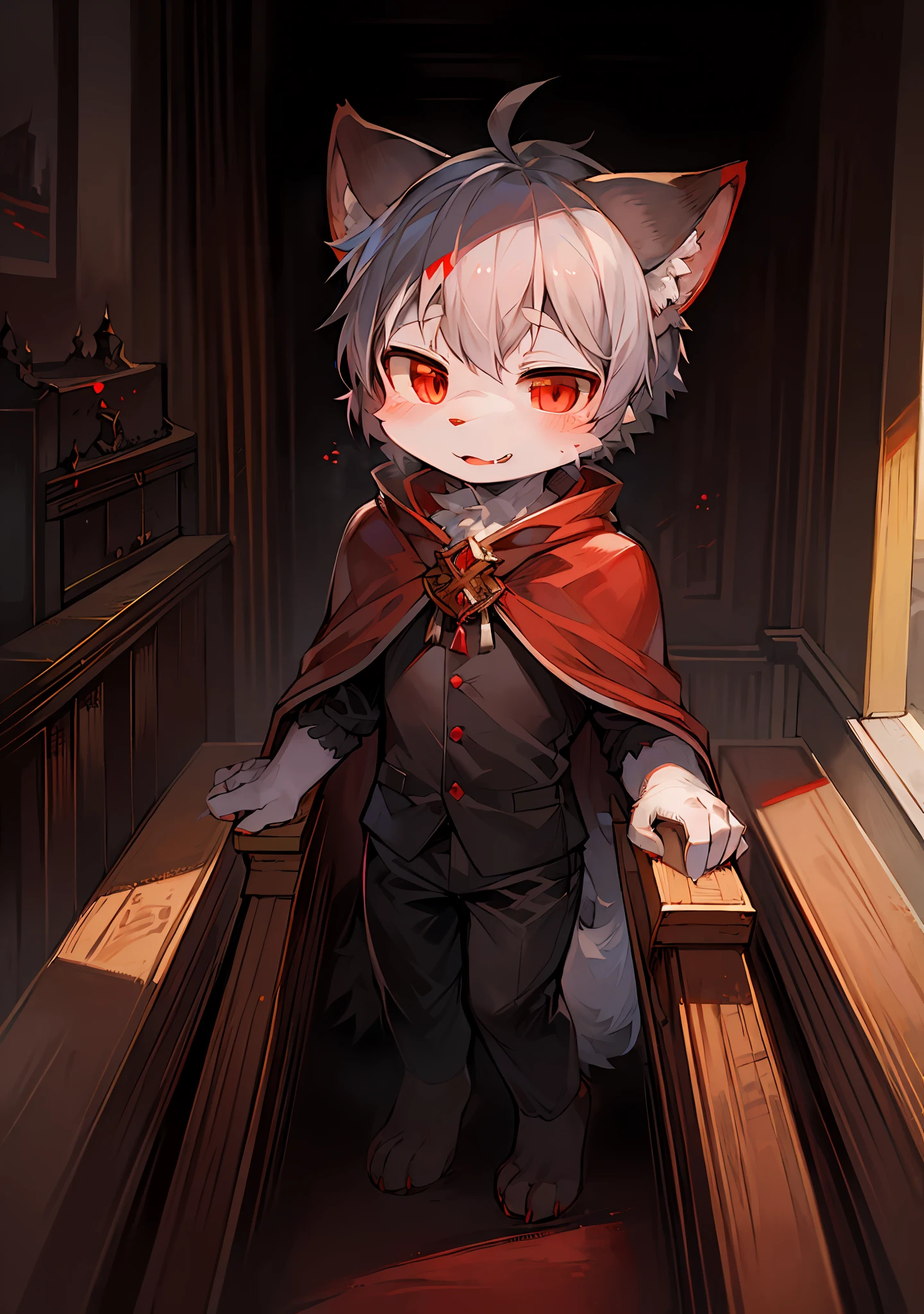 (dark environment:0.8),masterpiece, high quality, absurd res, digital painting \(artwork\), by dagasi, yupa,kiyosan,(anthro,fluffy fur,character focus:1.1),anthro male cat,short hair,portrait, bright eyes,panorama,character focus.(detailed background:0.7),solo,furry,furry male ,male focus,anthr,(Full body fur, fluffy tail, white fur,red eyes,gray hair:1.2),(long canines,vampire, cape:1.2),(interior,night, castle, coffin:1.1)