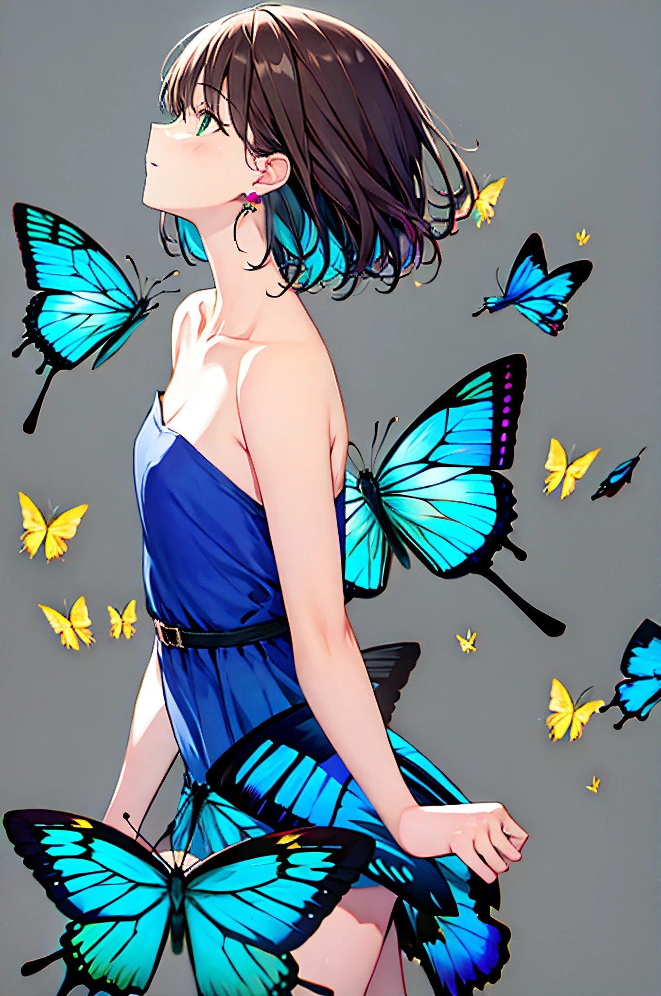 1girl, bangs, bare_arms, bare_shoulders, blue_butterfly, blue_dress, bug, butterfly, butterfly_on_hand, butterfly_wings, collarbone, dress, earrings, grey_background, jewelry, looking_away, multicolored_hair, profile, short_hair, solo, strapless, strapless_dress, wings, yellow_butterfly