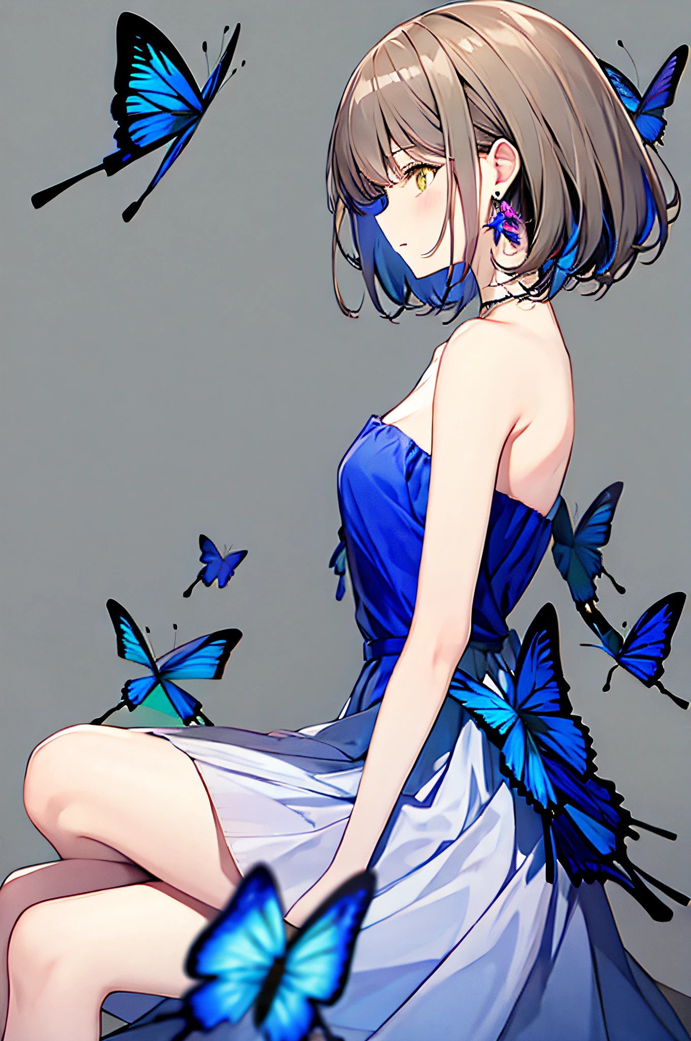 1girl, bangs, bare_arms, bare_shoulders, blue_butterfly, blue_dress, bug, butterfly, butterfly_on_hand, butterfly_wings, collarbone, dress, earrings, grey_background, jewelry, looking_away, multicolored_hair, profile, short_hair, solo, strapless, strapless_dress, wings, yellow_butterfly