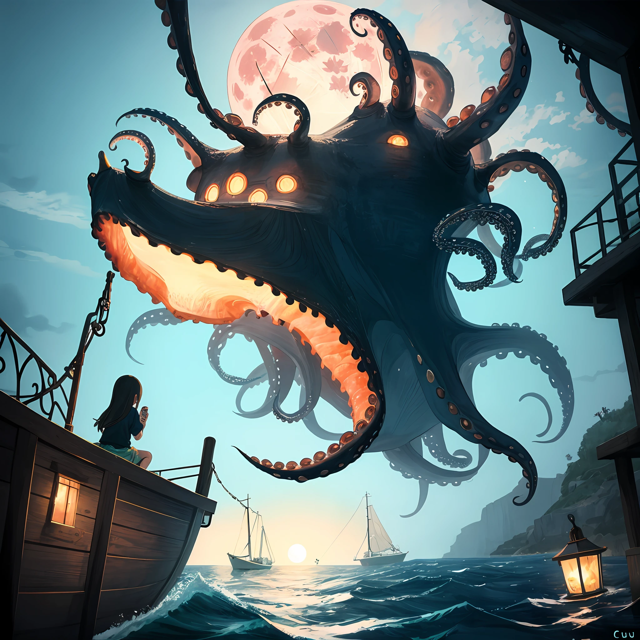 Realism, fantasy, high detail, red full moon, giant octopus, octopus tentacles, suckers, little girl, green seawater,sailing boat,Horror atmosphere, Crusu style