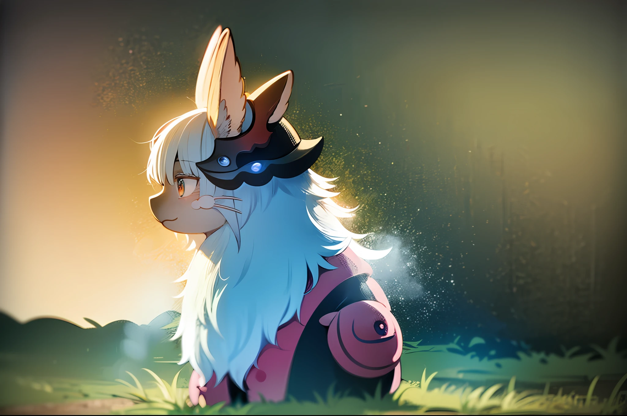 dramatic shot, nanachipants, looking into the abyss, strange creatures in the background, Fluffy, Cute, a 1girl, 独奏, Furry, Nanachi \(made in abyss\), nanachihat, icon, арнамент, Experience, pray, pretty