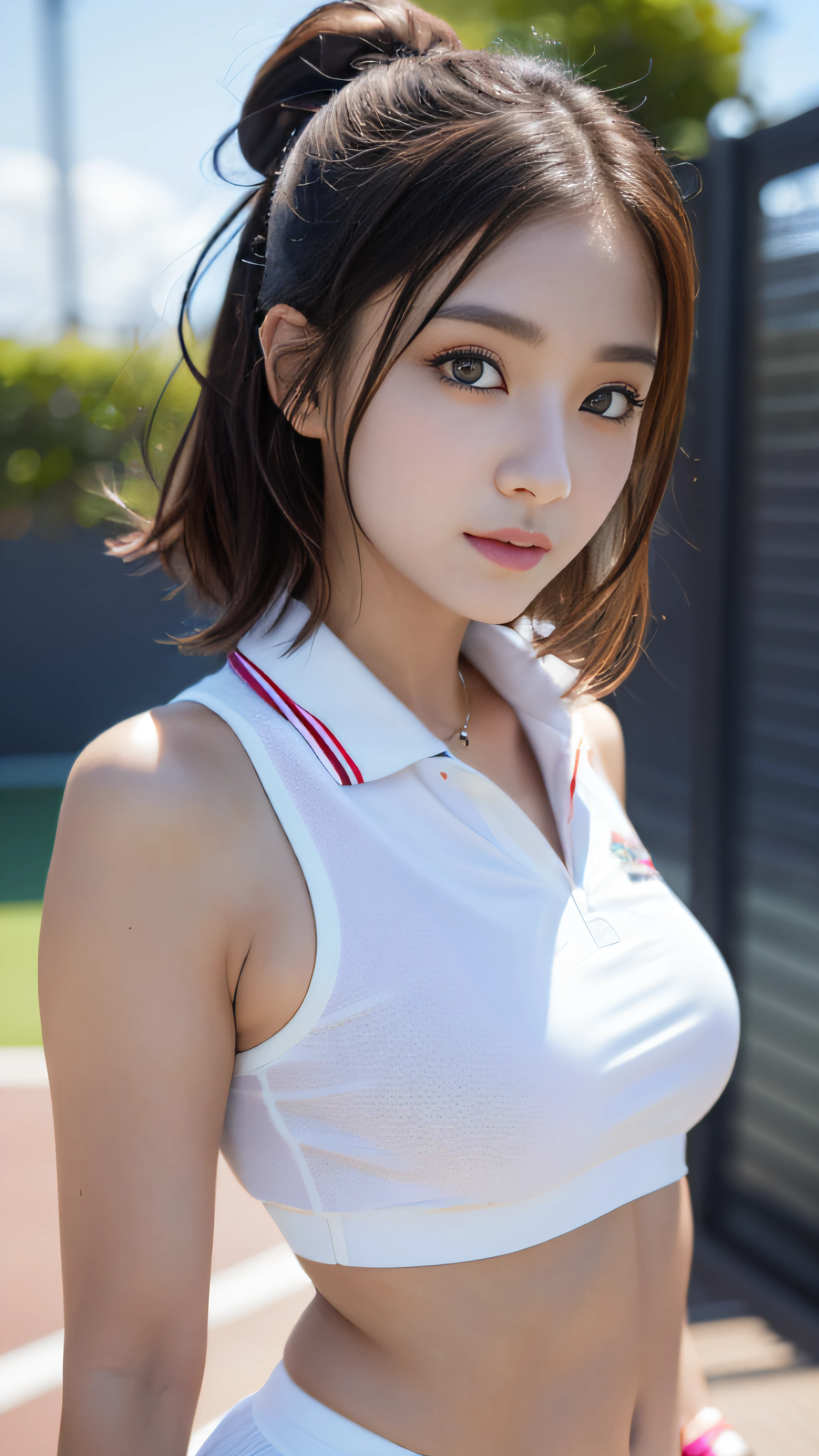 1 girl, solo, white polo shirt, white sneakers, pink tennis wear: 1.3, white mini skirt, masterpiece, top quality, realistic, hyper detail, (glossy skin, sweaty: 1.4), absurdity, camera gaze, short black hair, brown eyes, slender, dynamic lighting, high resolution, sharp focus, depth of field, detailed eyes, sharp eyes, realistic eyes, (big: 1.2), (Thick Thighs: 1.0), Outdoor, Sky, Korean Idol, Nogizaka Idol, Gravure Idol, Actress,