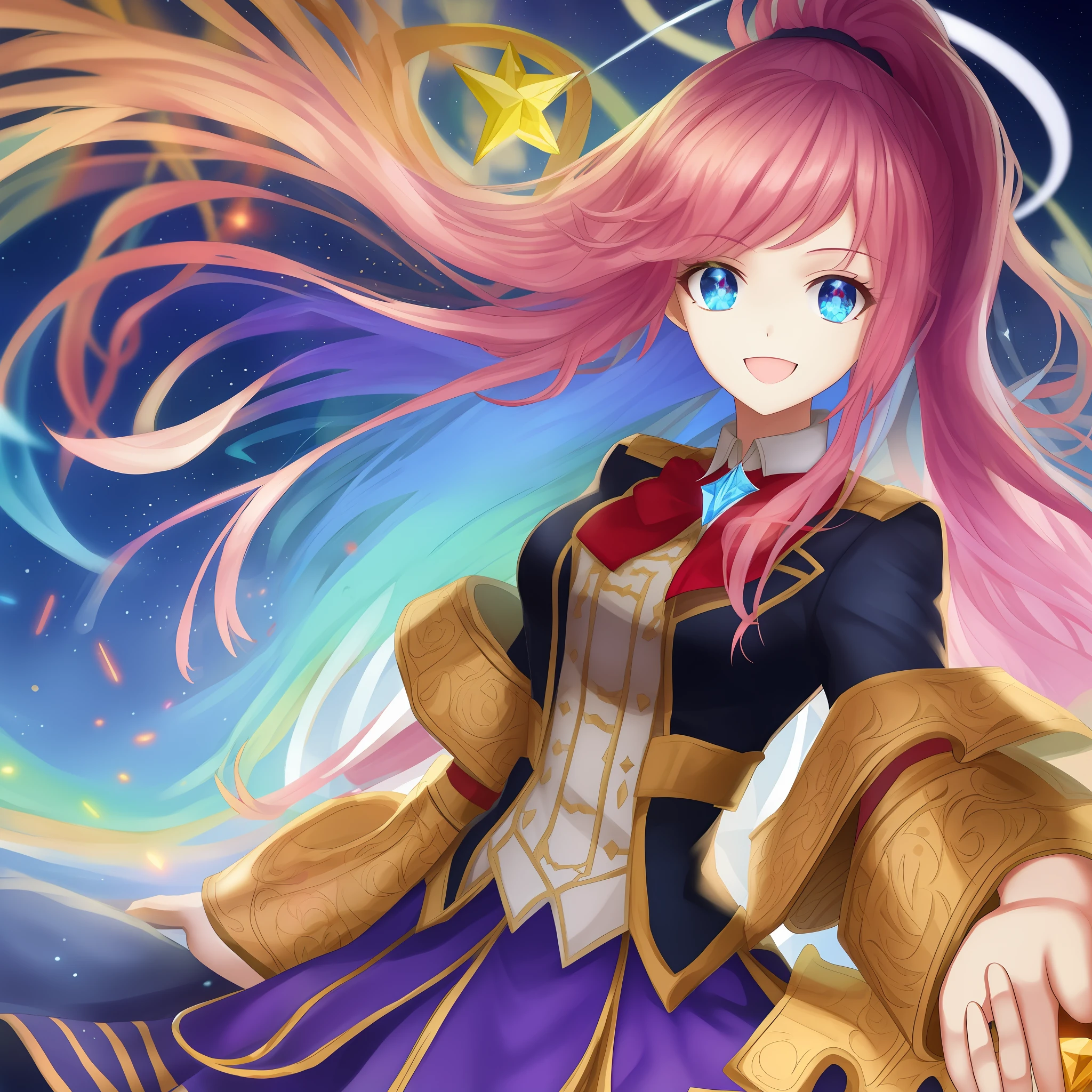 chest out, absurdres, superfine illustration,rainboweffect, highres, ultra detailed,light diffusion,highly detailed light reflection, kaleidoscope, harmonious, best shadow, highly detailed very beautiful big smile face, ;D, beautiful growing crystal diamond star pupil,look at viewer, beautiful detailed hair, solo, dynamic pose, beautiful detailed pink and black ribon, beautiful detailed High school uniform, Fantastic and the whole shines and shooting star and the wind is strong in detail background