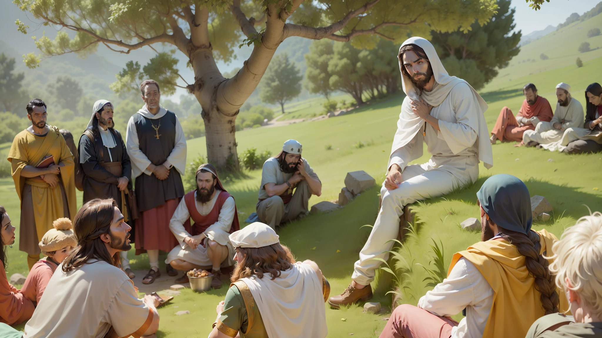 Jesus no meio das pessoas a discursar, bible illustration, epic biblical representation, imagem super realista, cinematiclighting, beautiful depiction, Realistic, 4k, HDR