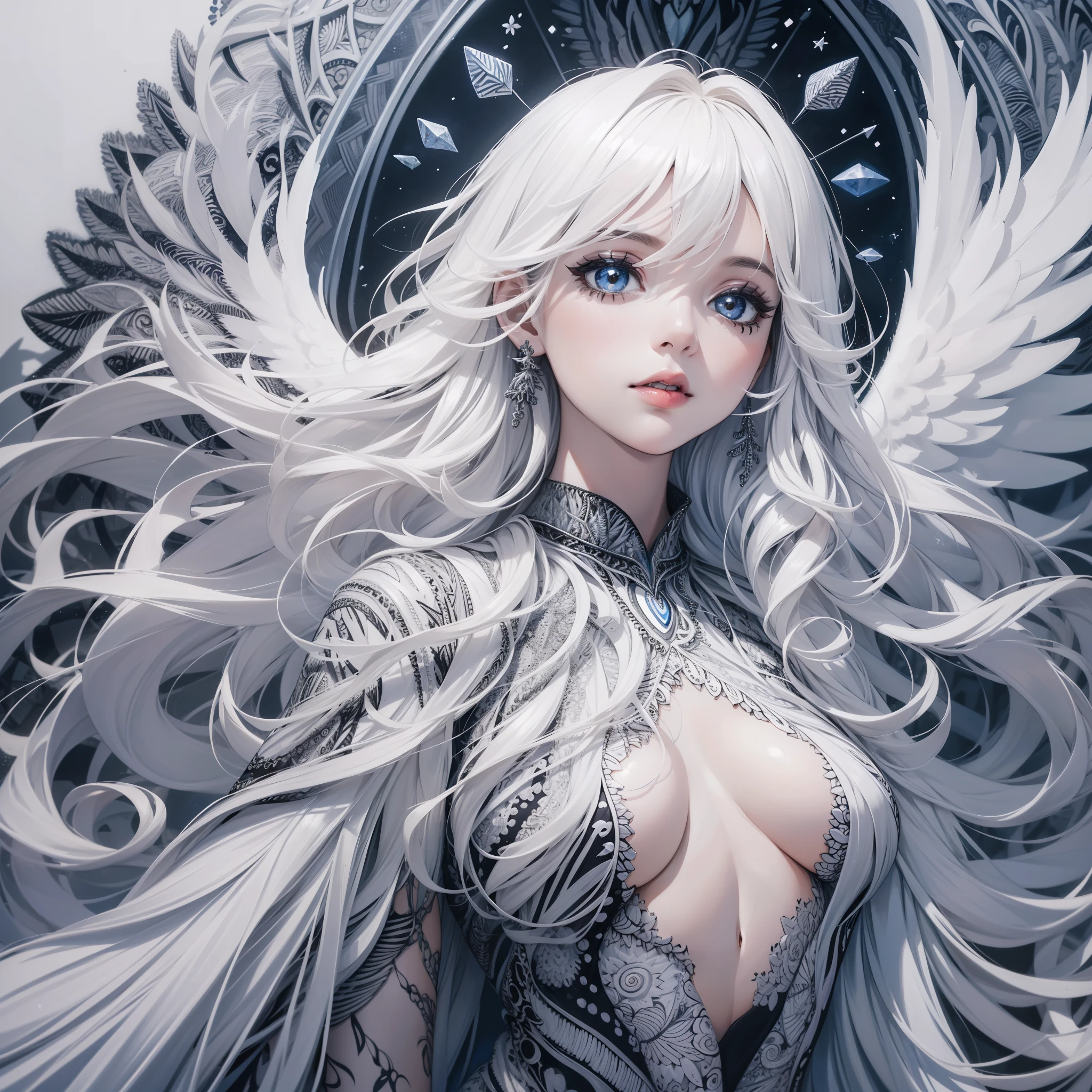 (absurdres:1.5), (highres), (best quality:1.1), (ultra-detailed:1.1), (an extremely delicate and beautiful), 1 girl, beautiful face, (detailed face), best quality, portfolio, angel、Crystal clear white hair、Longhaire、flat breast、White Gothic dress、Wings of an angel on the back、White sky、high picture quality、glitter、(Zentangle:1.5), (kaleidoscope:1.2)