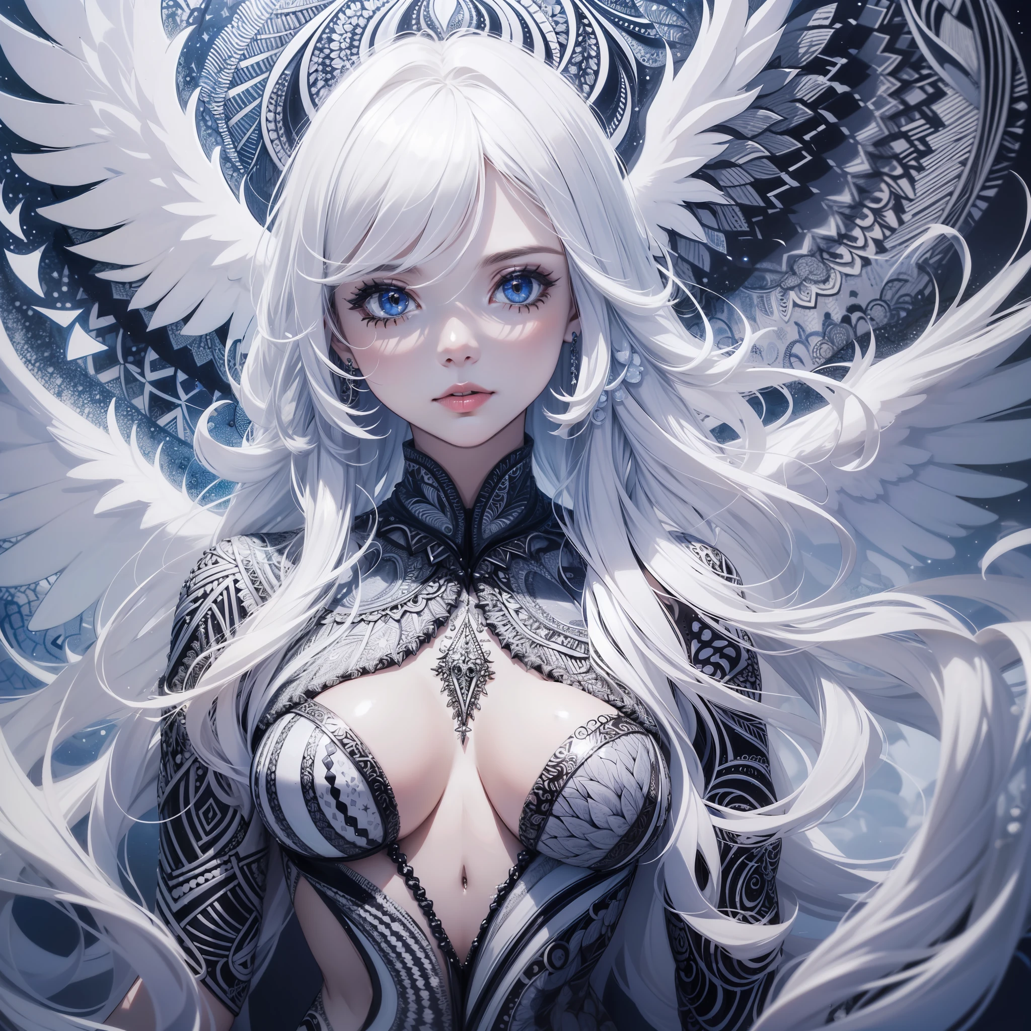 (absurdres:1.5), (highres), (best quality:1.1), (ultra-detailed:1.1), (an extremely delicate and beautiful), 1 girl, beautiful face, (detailed face), best quality, portfolio, angel、Crystal clear white hair、Longhaire、flat breast、White Gothic dress、Wings of an angel on the back、White sky、high picture quality、glitter、(Zentangle:1.5), (kaleidoscope:1.2)