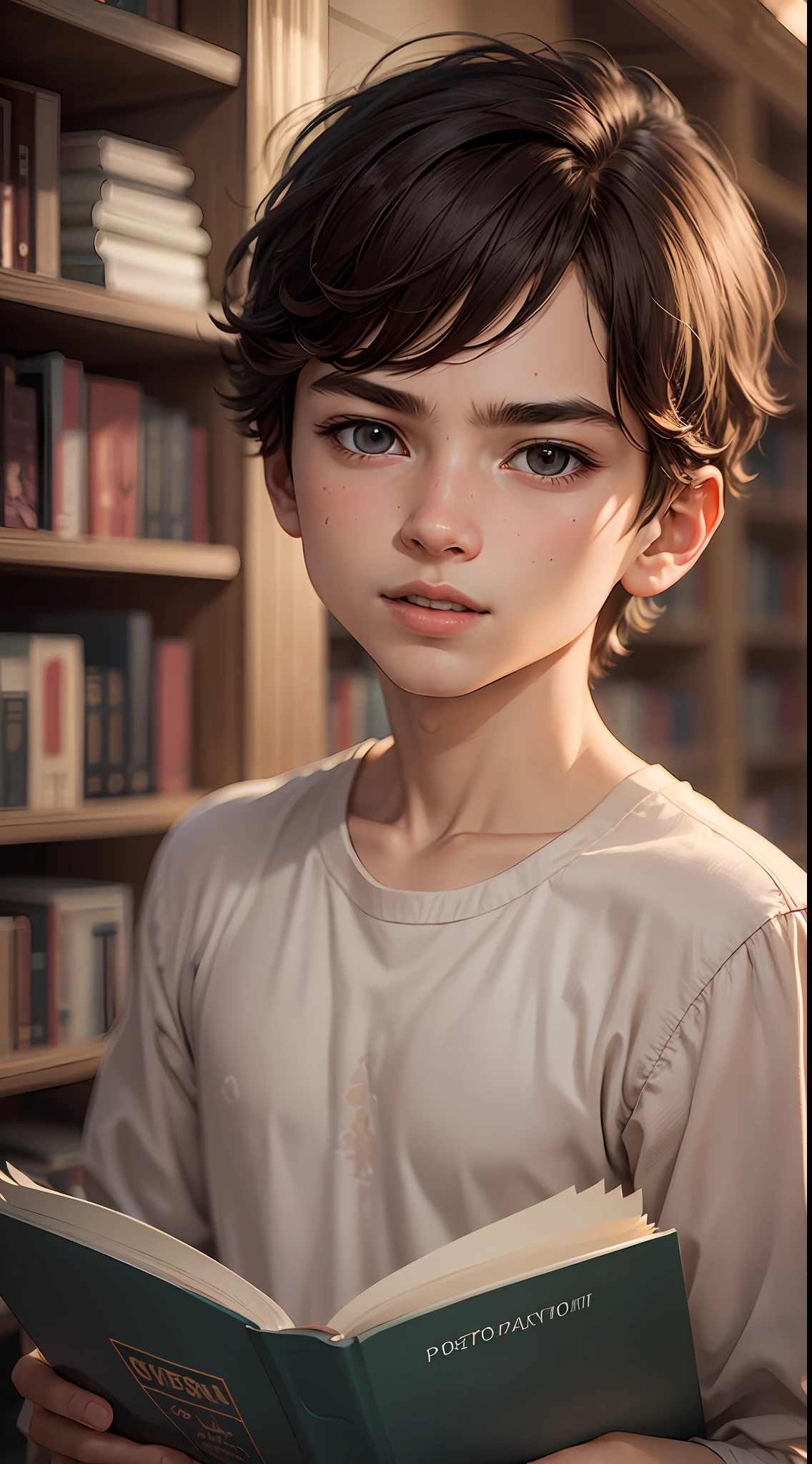 a boy in reading room, face 300x300 pixel, lips are small and closed, normal facial expressions, look straight, as a storyteller, brown shirt, cheerful, 8K --auto