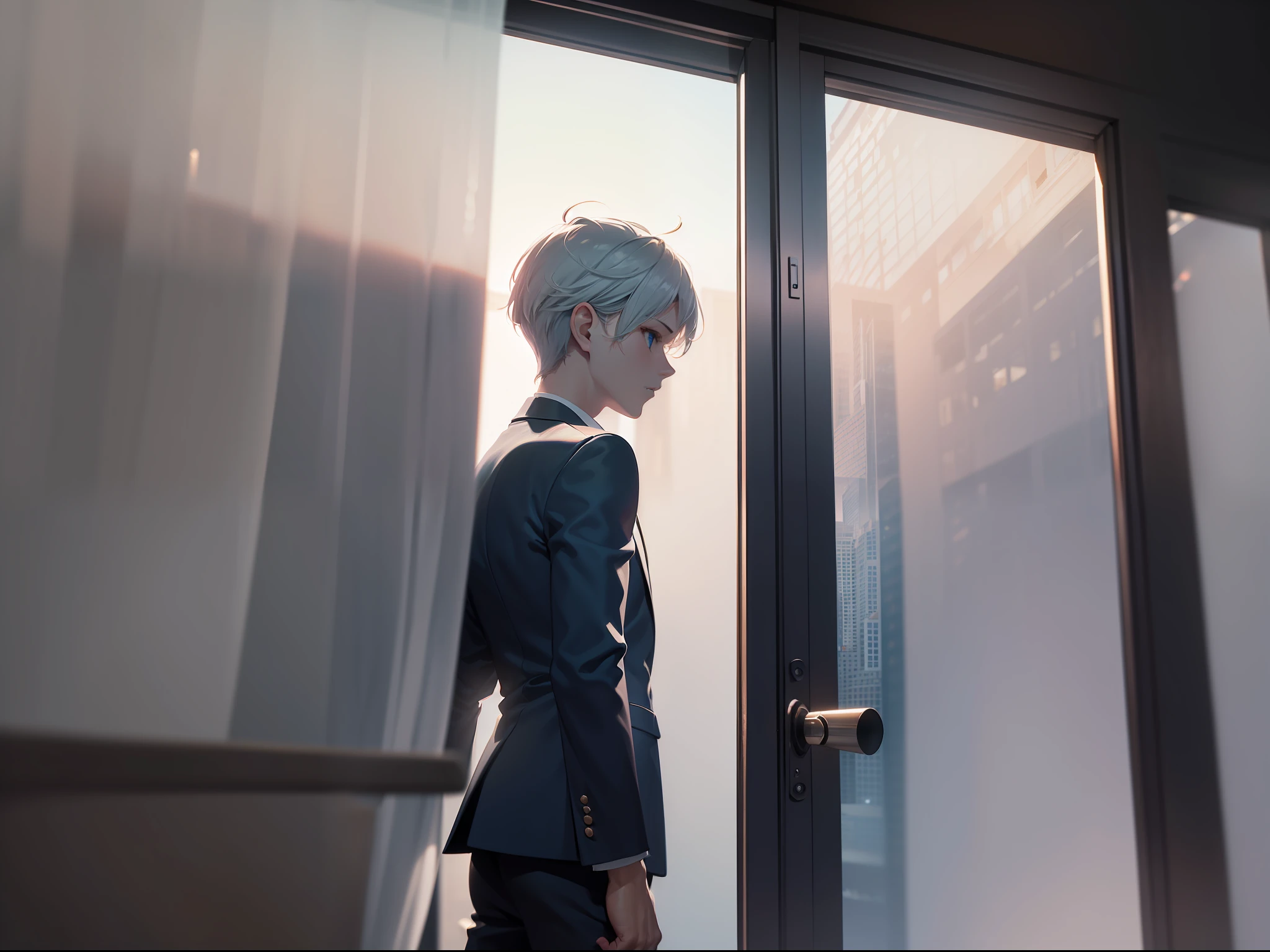 (CG Unity 8K wallpaper in extreme detail，masterpaintings，Highest image quality)，(Delicate light and shadow，The picture is highly dramatic)， A ager，white short hair，Handsome face，Blue eyes，White shirt，Black pantsuit，Baseball bat in hand，Stand on the edge of a cliff(Exceptional detail，The lighting effect is outstanding，Vista wide angle)，crepuscular(Excellent rendering，Enough to stand out from the crowd)，raytrace，hdr， Ridiculous resolution， absurd res，， cinamtic lighting， The light from the back window is backlighted， filmgrain， lightand shade contrast， cinamtic lighting， The light from the back window is backlighted， atmosphric perspective， lightand shade contrast， cinamtic lighting， The light from the back window is backlighted， Film grain wide angle， Grandiose scene