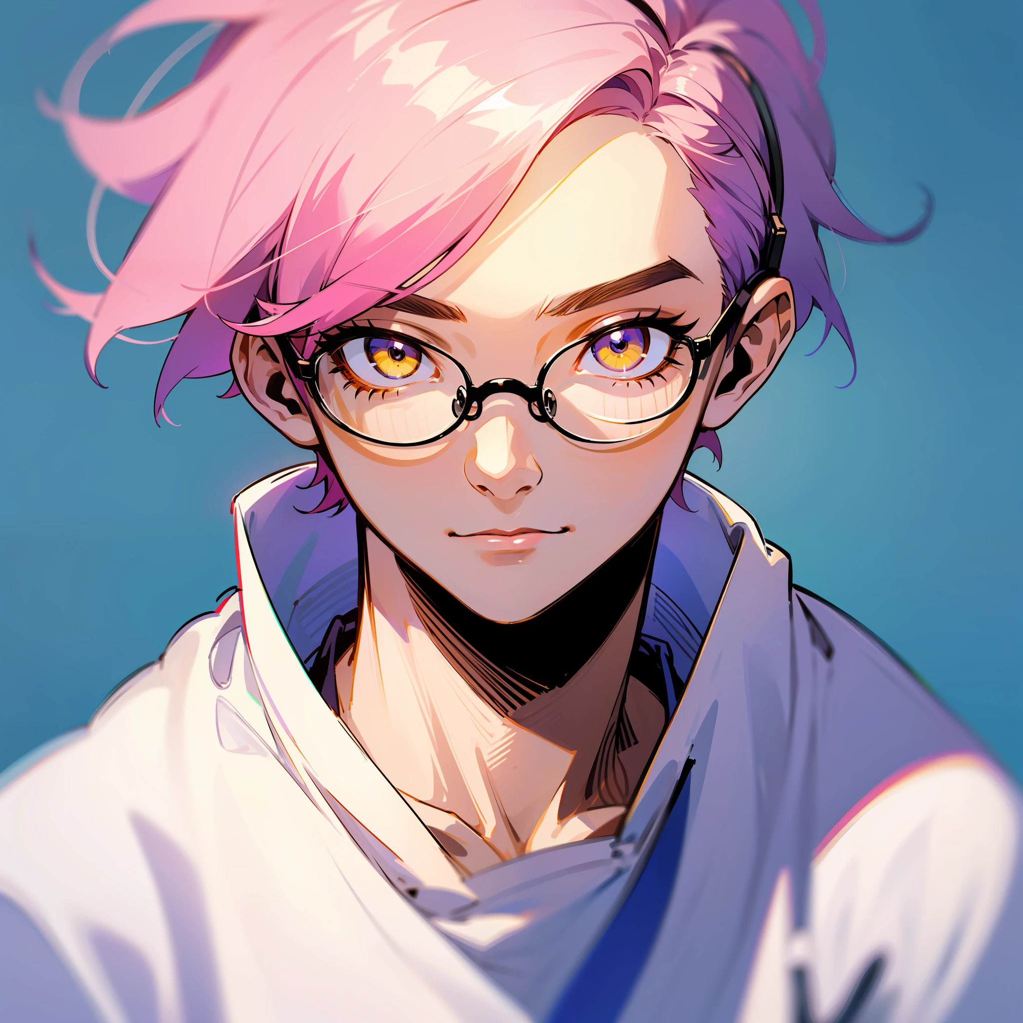 Memphis style，1 boy，yellow  eyes，（Detailed eyes：1.3），Wears a pair of fine-rimmed glasses，Short pink hair，Wear a white headset on your head，（optimal quality，masterpiece1.2），head portrait，dressed in a white t-shirt，Blue-purple background