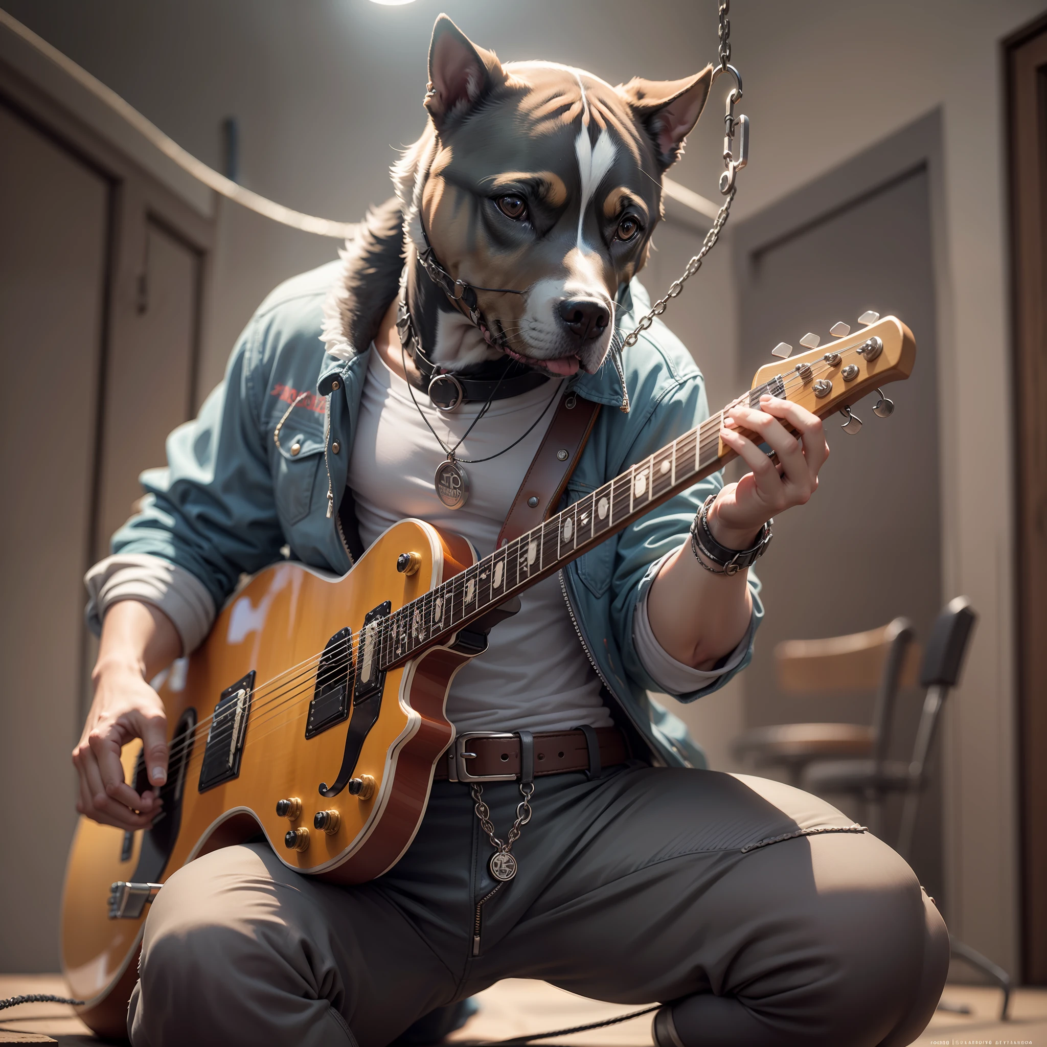 Un perro de raza Pitbull tocando guitarra, con chaqueta de cuero y cadenas en el cuello, piercing en las orejas y la boca, tatuajes en las patas, realista, detallada, cinematography lighting.