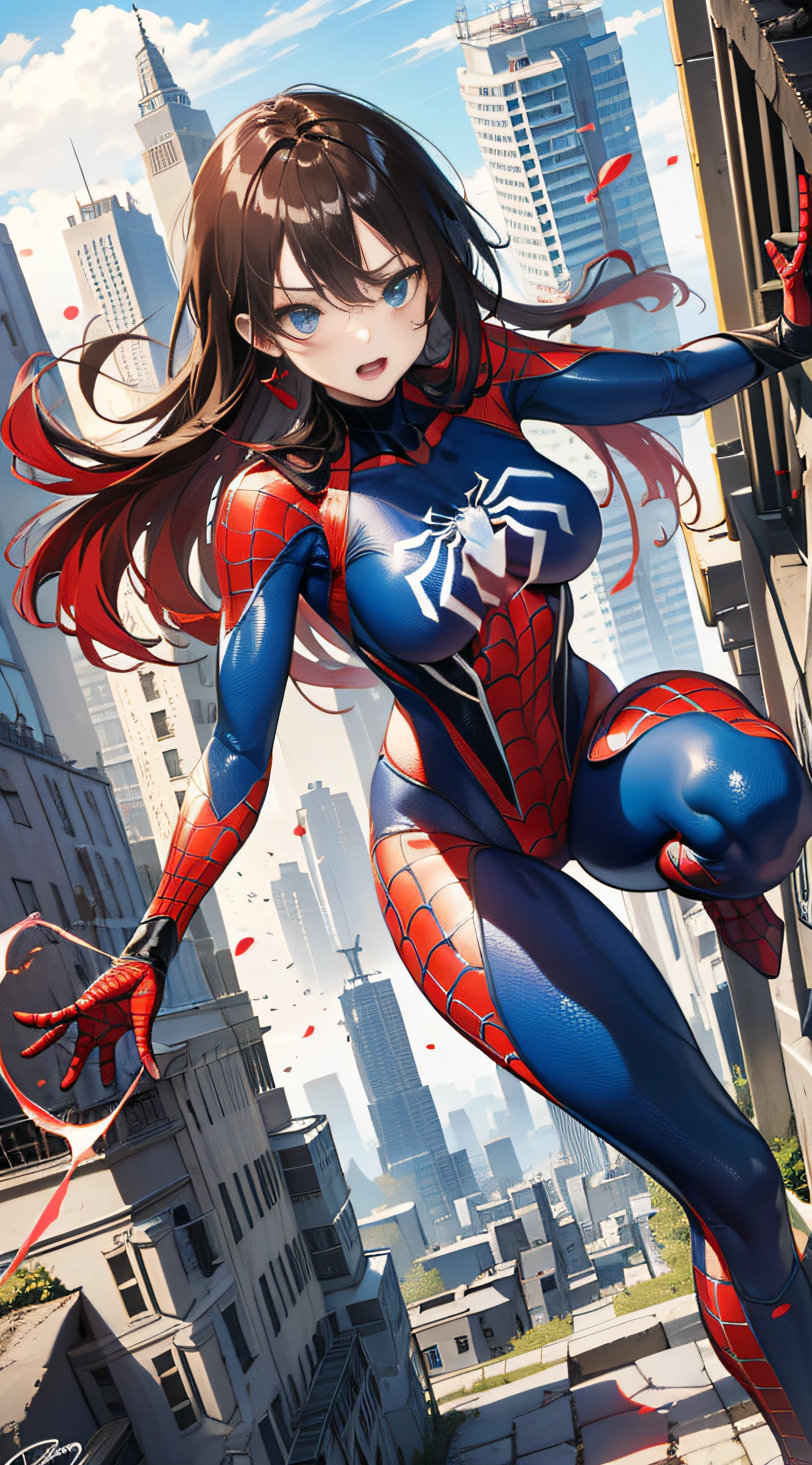 （（（optimal quality））），（（（superdetailed））），（（（masterpaintings））），（（（manga book））），Cool female superhero，Female Spider-Man，The action is exaggerated and handsome，Spider-Man's signature move，Dynamic，Voice bubbles，Fighting，bang between eyes，The background is the ruins of the city after the Great War，Epic cinematic footage。