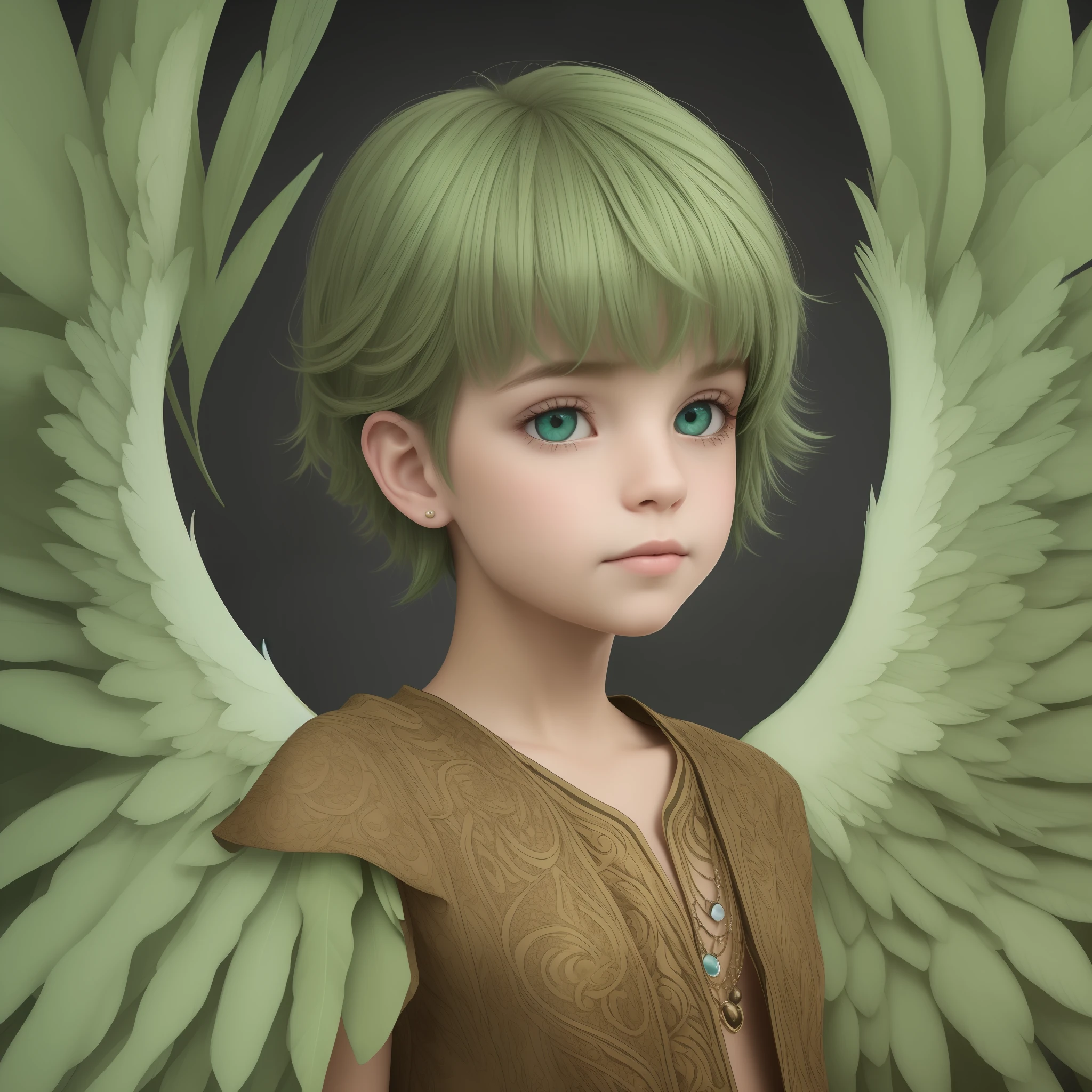 ultra realistic photography, RAW photograph, 1boy male with detailed and defined green angel wings, Beautiful perfect 9--old boy on a dark background, Ropa angelical de color verde con blanco y detalles luminosos, cara hermosa y detallada, ojos grises normales, child walf body, tunica de color verde con detalles luminosos y dorados,caricatura, Cara detallada --auto --s2