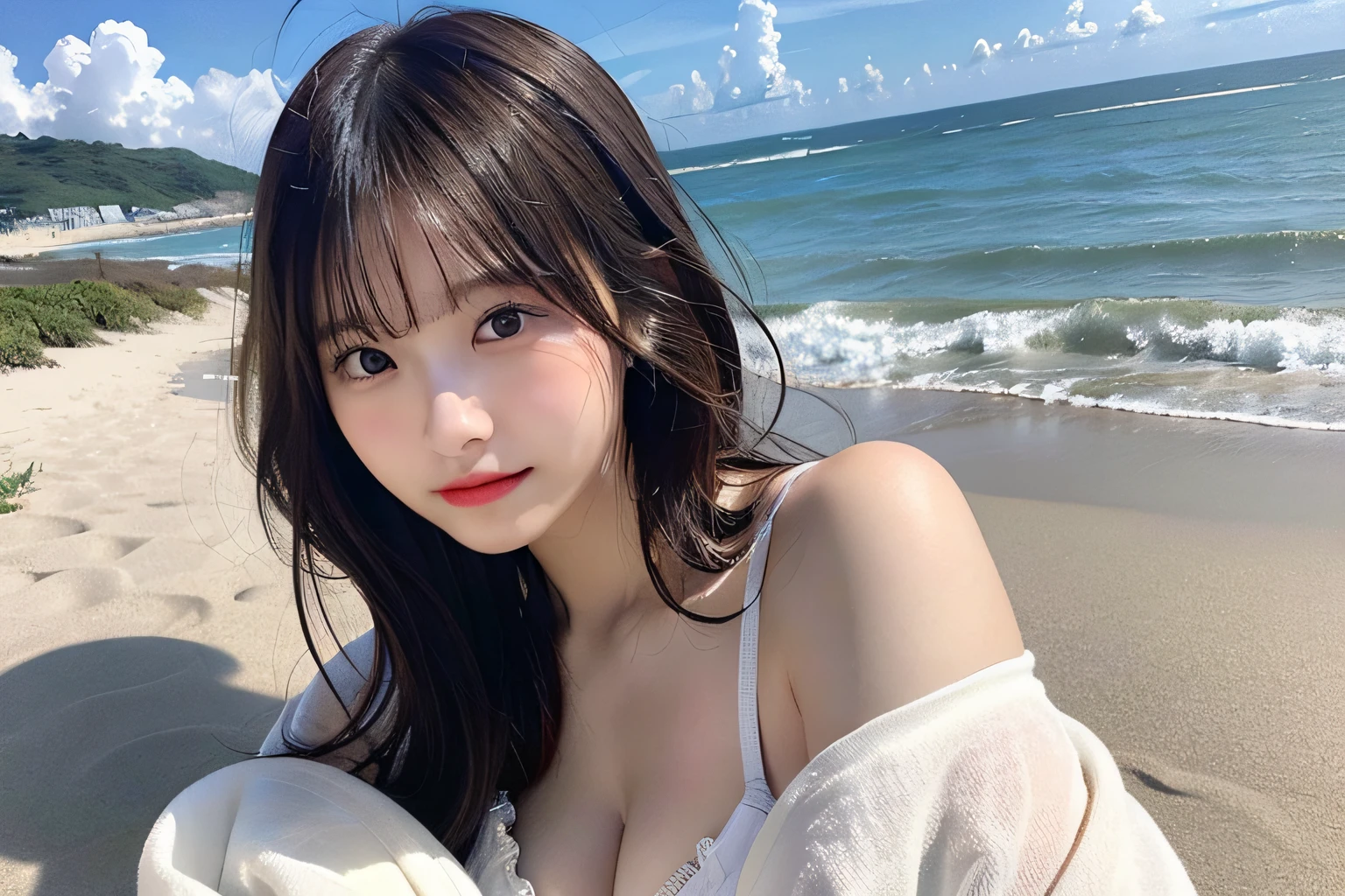 8k,最好质量、巨作、ultra-high-resolution、(photoreallistic:1.4)、Raw foto、Authentic skin texture、(film grains:1.3)、1girl in、beautiful detailed eyes and face、巨作、最好质量、Whole body、Sexy clothes、japanese idle、fair white skin、oblique bangs、The is standing、HugeBoobs、drooing eyes、ocean background、blured background、swimsuiti、Valley、Lying on the beach