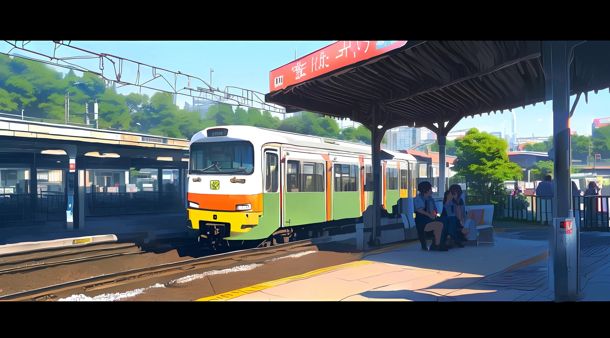 there is a train that is pulling into the station with a bench, drinking a beer at train station, train station in summer, train station explosion, youtube video, shot on gopro9, sitting in tokyo, Train station, youtube thumbnail, cinematic shot ar 9:16 -n 6 -g, 4 k'', anime style mixed with fujifilm, train station background