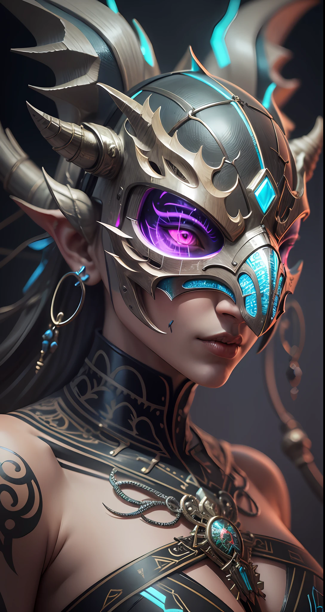 ancient skyrim dragon bone mask, complex ultra detailed tattood wood, rim lighting, colorful ornate details, piercing, intricate details, mesh wire, Mandelbrot fractal, anatomical, pipes, cable wires, tron, hyper realistic, ultra detailed, neon ambiance, volumetric lighting, 8k, detailed metallic bones, iridescent colors, --auto --s2
