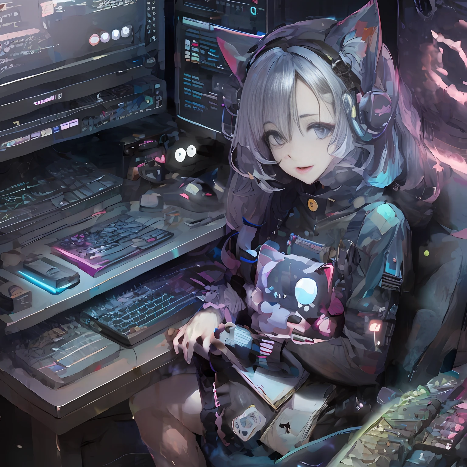 anime girl sitting in front of a computer with headphones on, style of anime4 K, digital cyberpunk anime art, digital anime illustration, cyber school girl, Detailed digital anime art, Digital anime art, Digital art on Pixiv, digitl cyberpunk - anime art, anime cyberpunk art, Guweiz in Pixiv ArtStation, Anime art wallpaper 4k