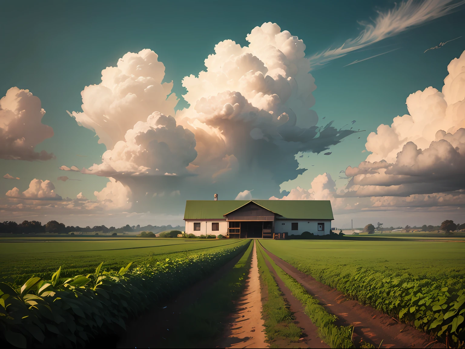 um trator verde estacionado em campo , por do sol, Detalhe poderoso, lotes de planta, sky with many clouds, sharpened details, Futurista, lavoura, agricultura, fazenda, brasil, com texto: WDFAGRO, 1920 X 1080 --auto