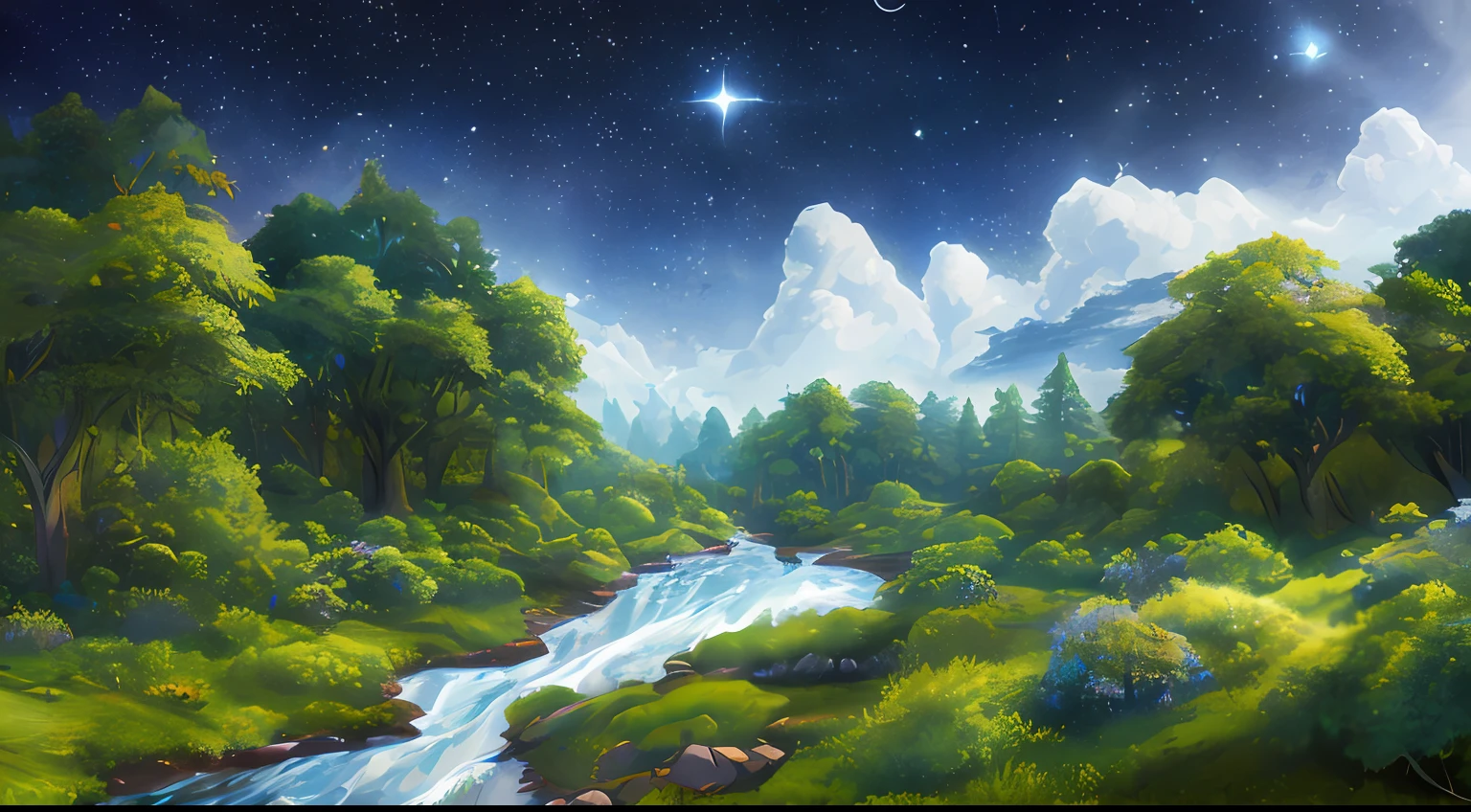 Illustration of a surreal, otherworldly, hyper sky scene including a giant crystal tree full body, highly detailed and magical lighting, intricate forest details, vegetation and surrounding river, solar punk, landscape, giant tree , beautiful green leaves, beautiful lighting and realistic proportions, as if this is a movie background, 8k, highest quality, masterpiece, clouds and stars in the sky.