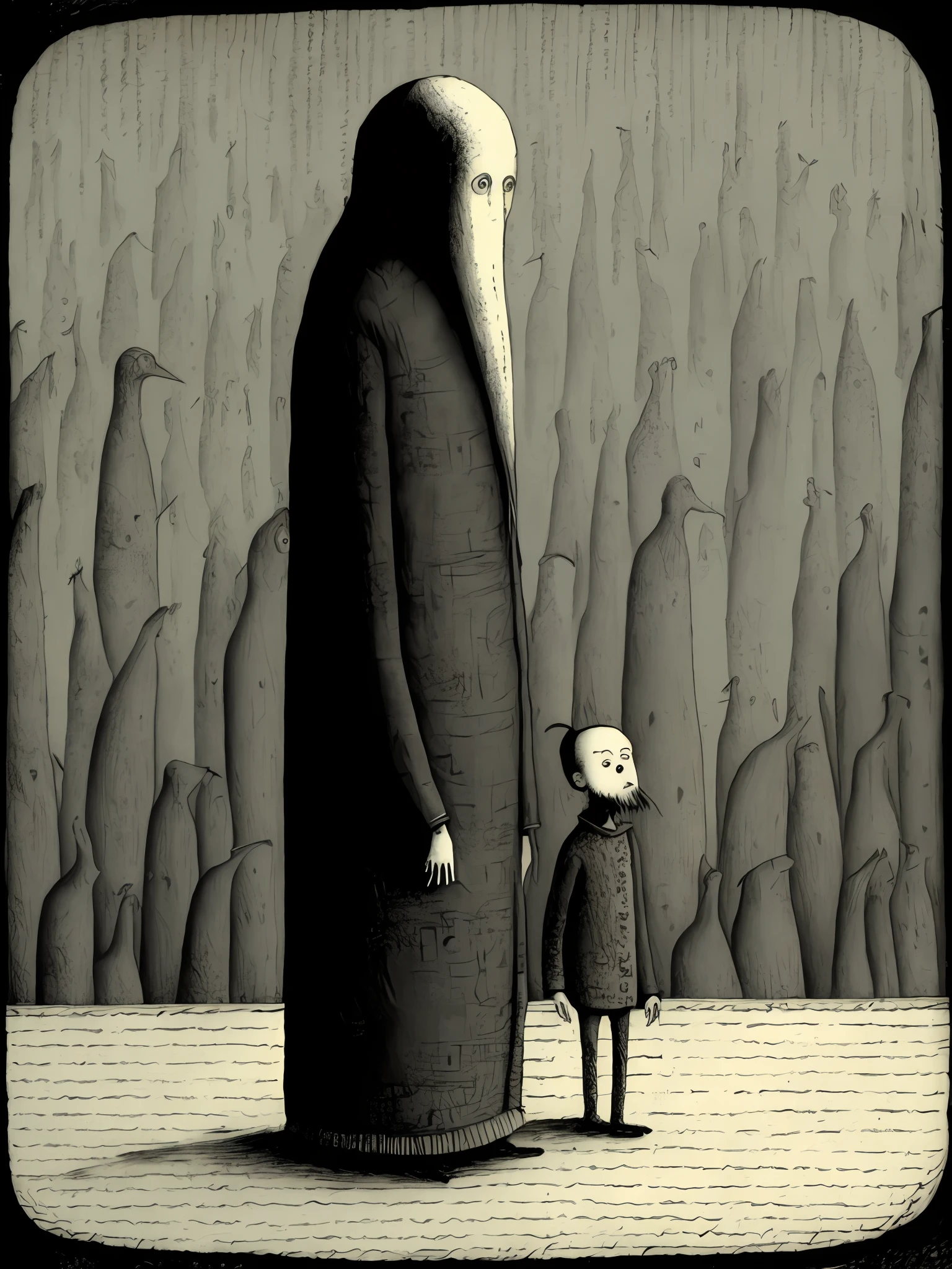 Homem triste sentado na chuva . terror , estilo anos 90 por Edward Gorey