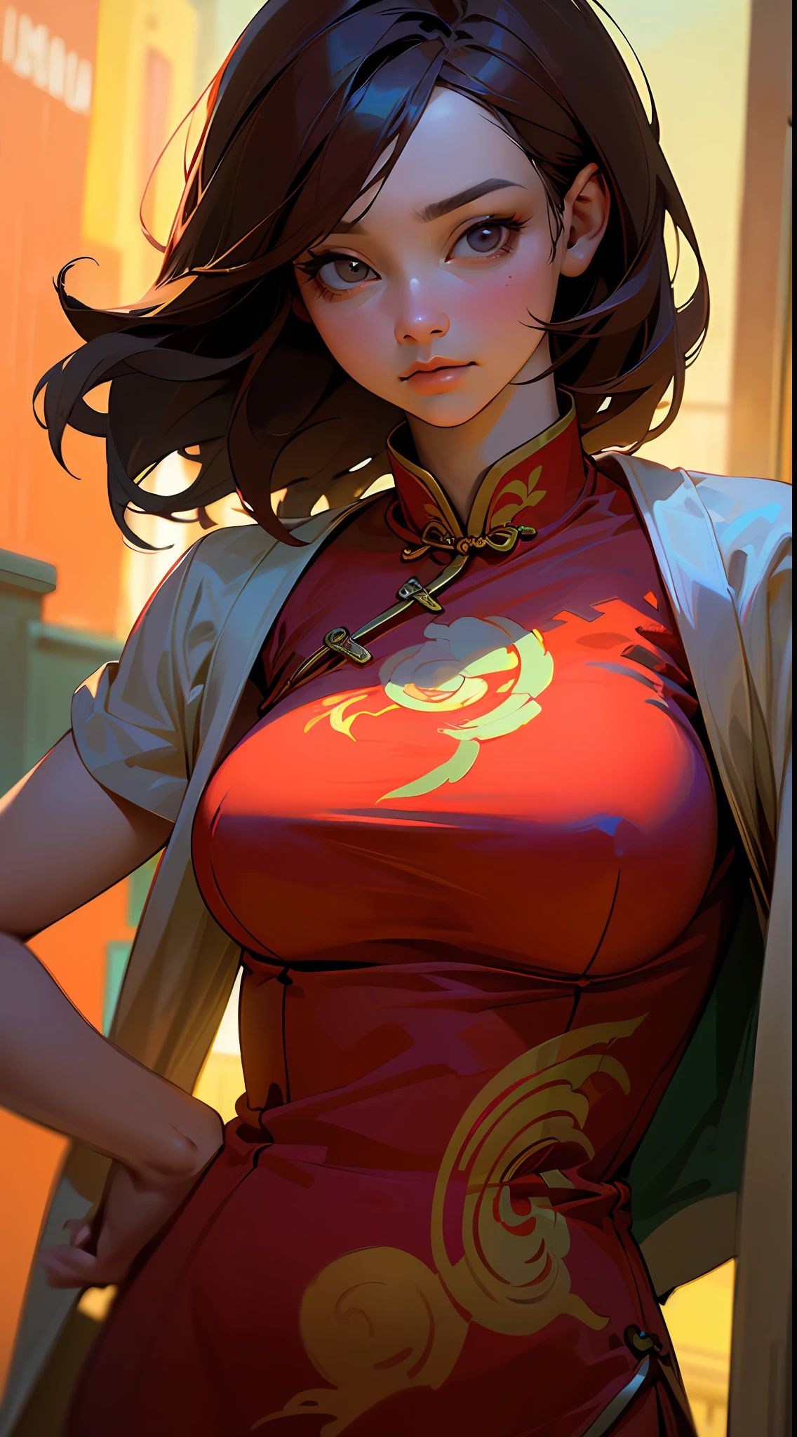 ((Realistic lighting, optimal quality, 8K, masterpaintings:1.3)),（ sharp fokus:1.2）, Girl Huge breasts, （Beautiful Women with Perfect Figure:1.4）,Close-up strengthened，Slim：1.1, ((long and dark brown hair)), (Red cheongsam:1.4）,（exteriors，during night：1.1），urban street，High-rise buildings and deep alleys，Ultra-fine face，Fine eyes，双眼皮，Close up of