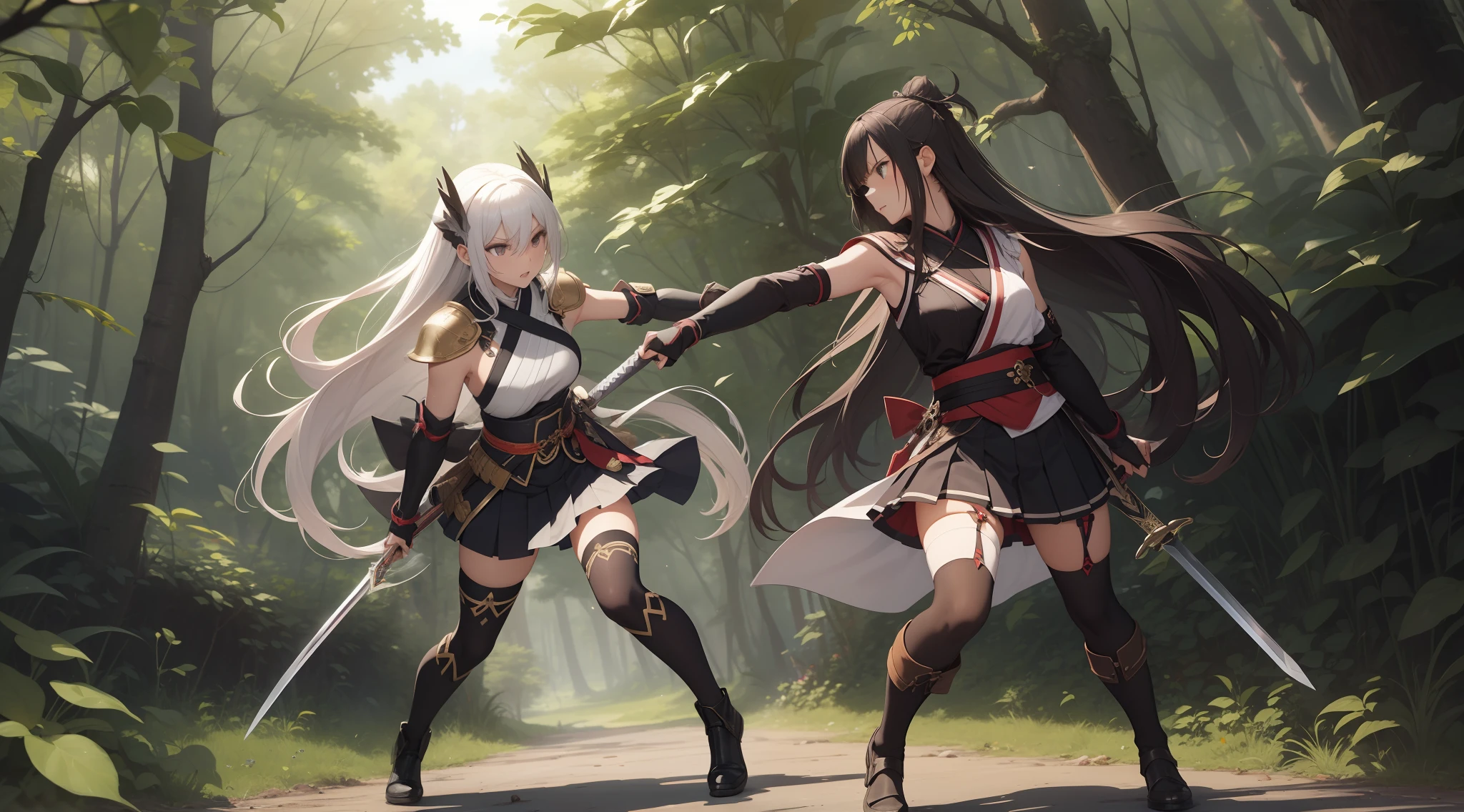 Full body shot of fighting between two female sword warrior, 1 versus 1. They are fighting in a fierce duel sword match, with serious expression. They have long loose hairstyle, small thighs and slender legs. They are wearing different color of sleeveless sword maiden armor, with black thin long elbow gloves, and obi tied on their back hip, and short pleated skirt. Both of them are wearing black thigh highs and black shoes. Background set in a lush forest.