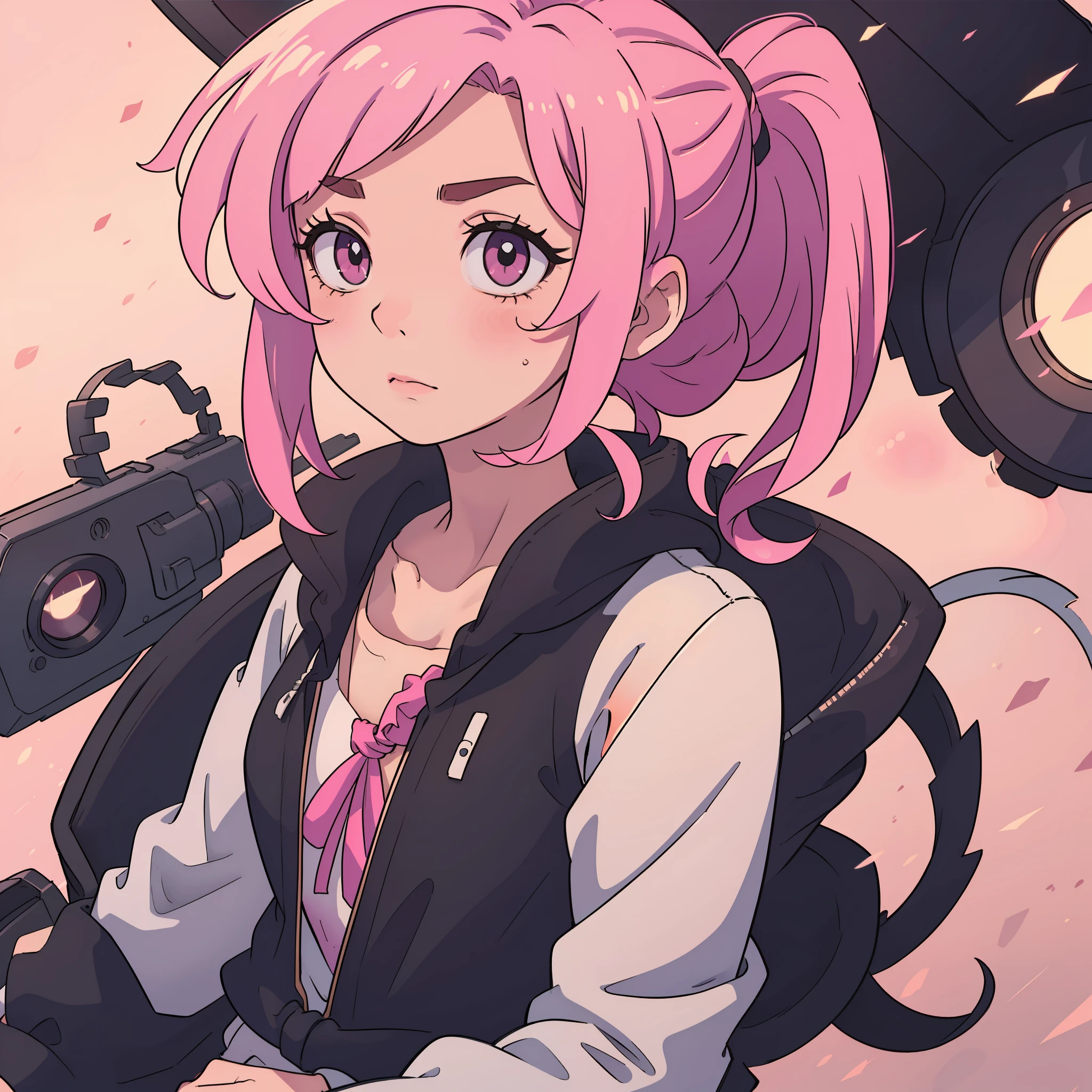 Cinematic shots，Depth of field lens，A girl with，solo person，Pink ponytail
