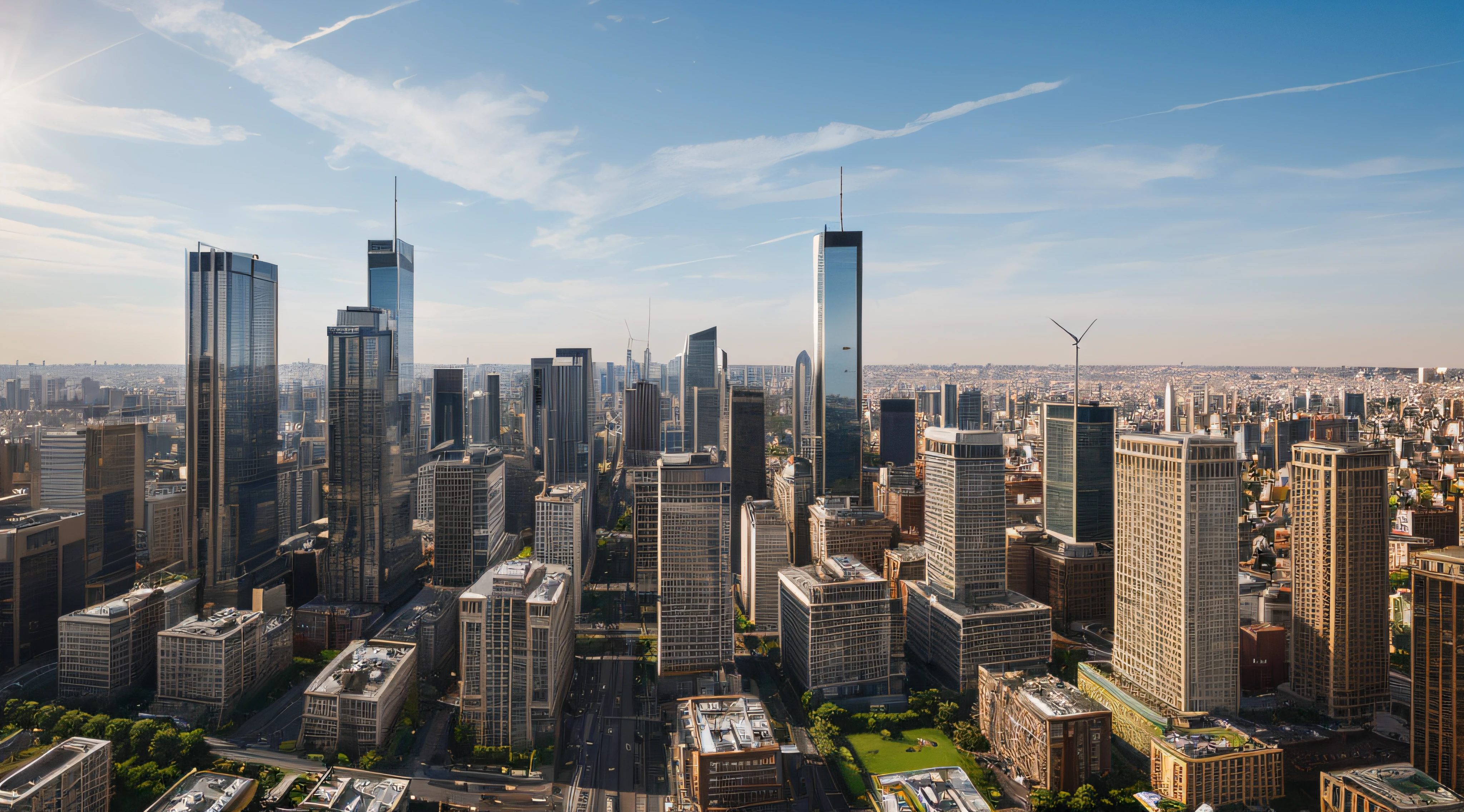 Create a high-resolution 3D image of a dense cluser of skyscrapers.The buldings should br modern and sleek, wirh glass facades reflecting the sunlight. The scene should be set during the day with clear skies. The perspective should be from a high vantage point, looking down on the cityscape.