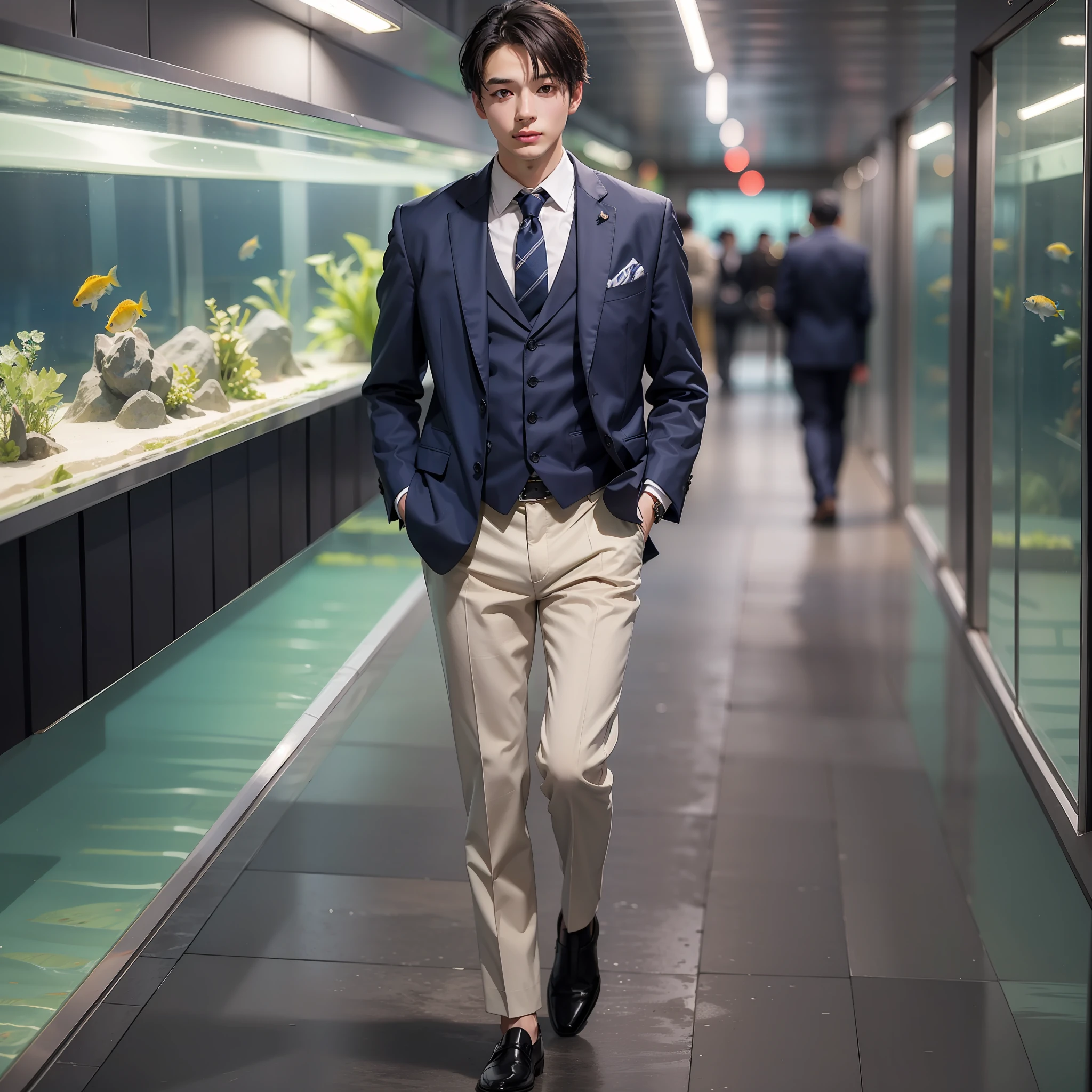 Masterpiece、Top image quality、Hi-Def、8k、Man in a very nice suit、Suit with stripes、FULL BODYSHOT、Leisurely walks through the aquarium