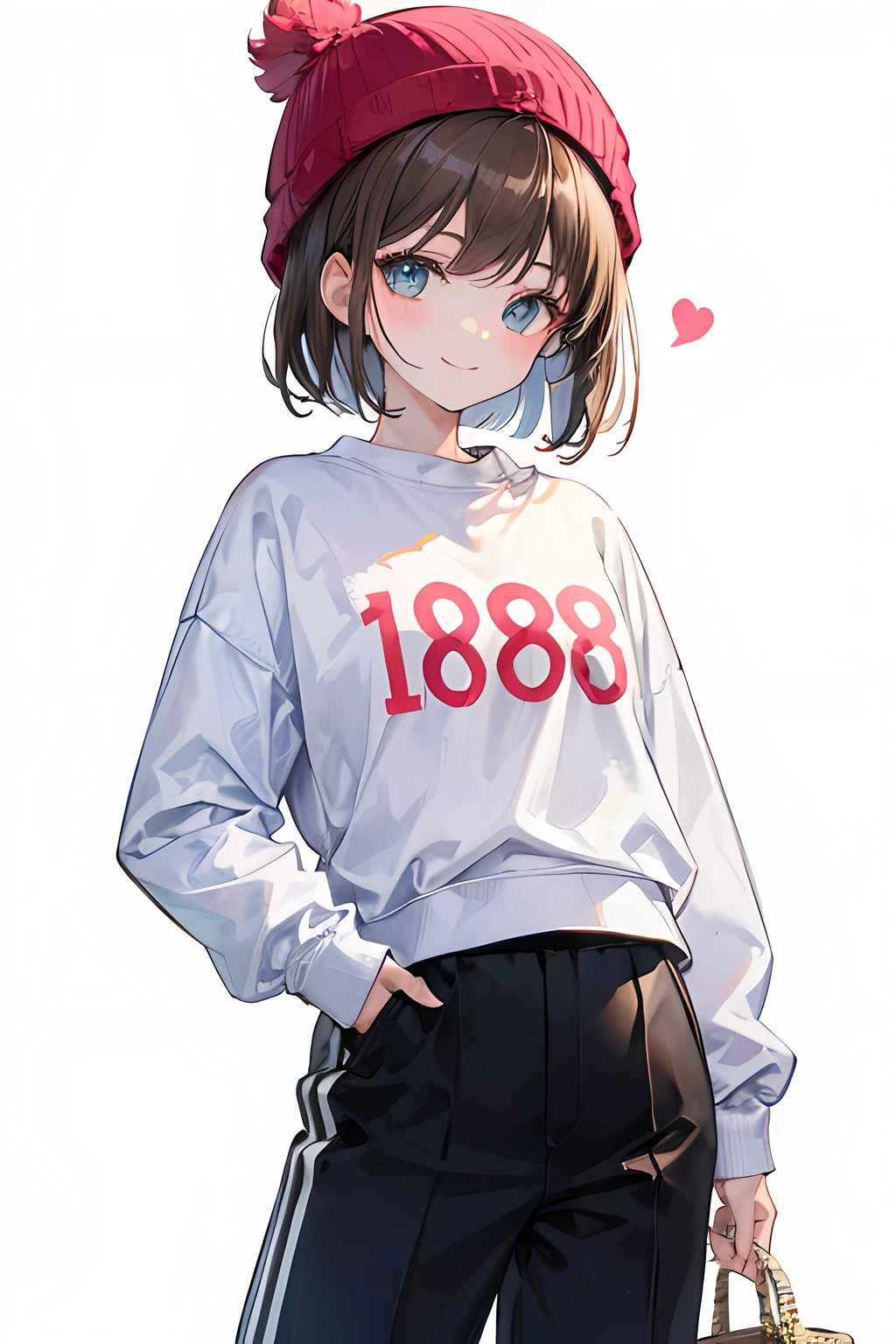 巨作、最好质量、16 K、Textured skin、1980s、One woman、cheely smile、Brown hair、bob cuts、beanie、Sweatshirt、Short basket pants、White sneakers、Pulling Picture
