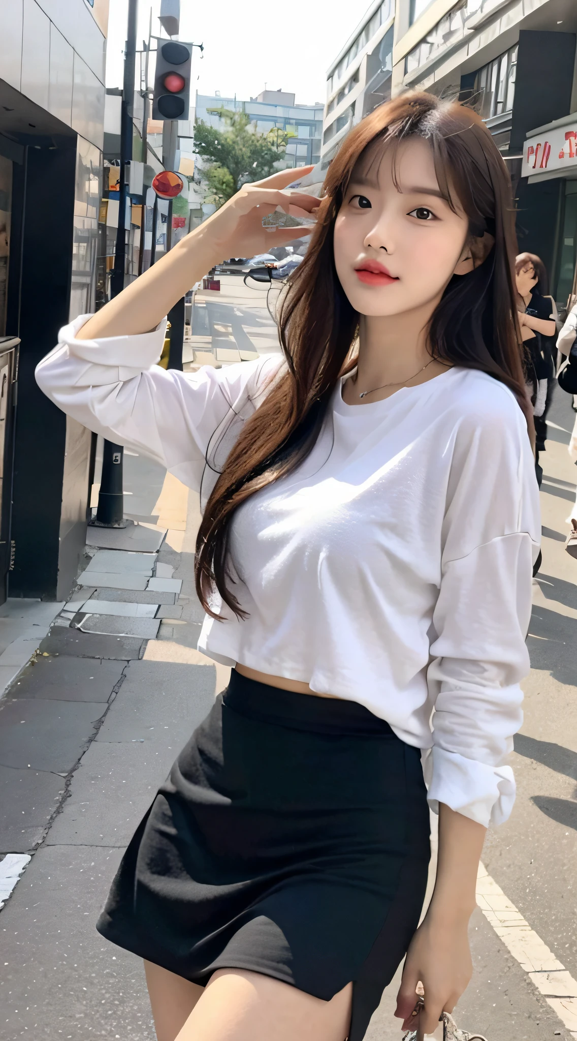 A woman in a white shirt and black skirt standing on a street - SeaArt AI