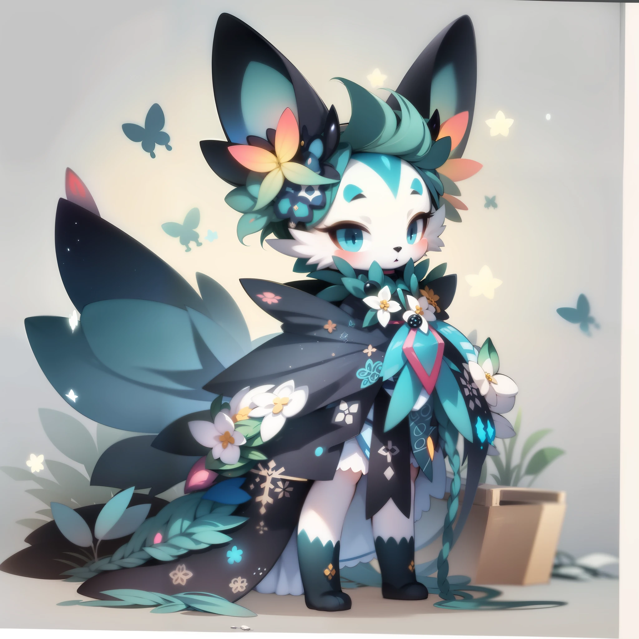 anime - style illustration of a cat with a bow and butterfly wings, ethereal fox, digital green fox, character adoptable, full body adoptable, fullbody commission for, aesthetic cute with flutter, a beautiful fox lady, fursona art, very very beautiful furry art, cute fumo plush fox girl, pixie character, from arknights, Anthropomorphic fox