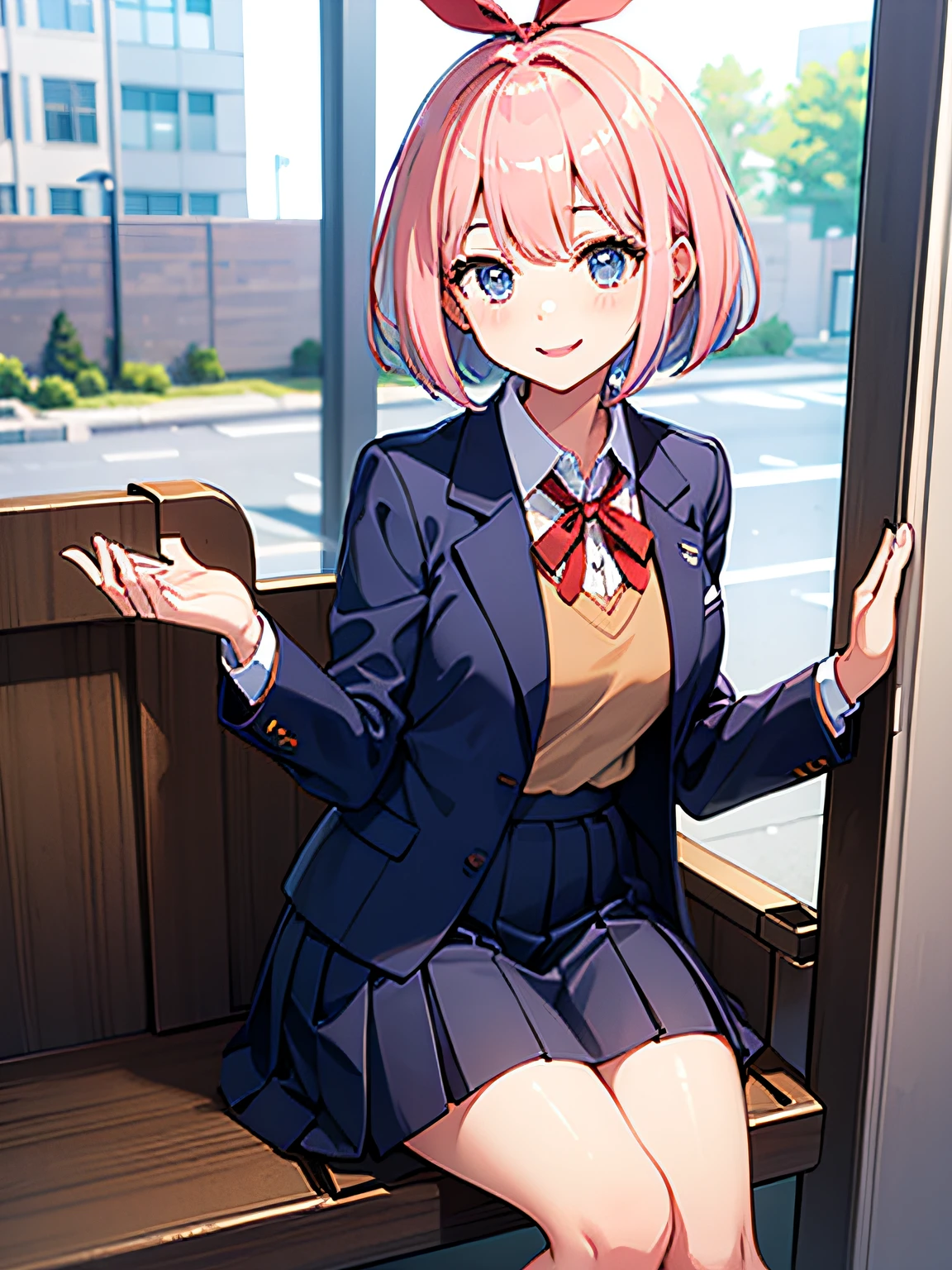 1People Girls、A schoolgirl、Pink hair、Bob Hair、Navy blue jacket、Gray pleated skirt、a smile、a large red ribbon on the head1Continuing