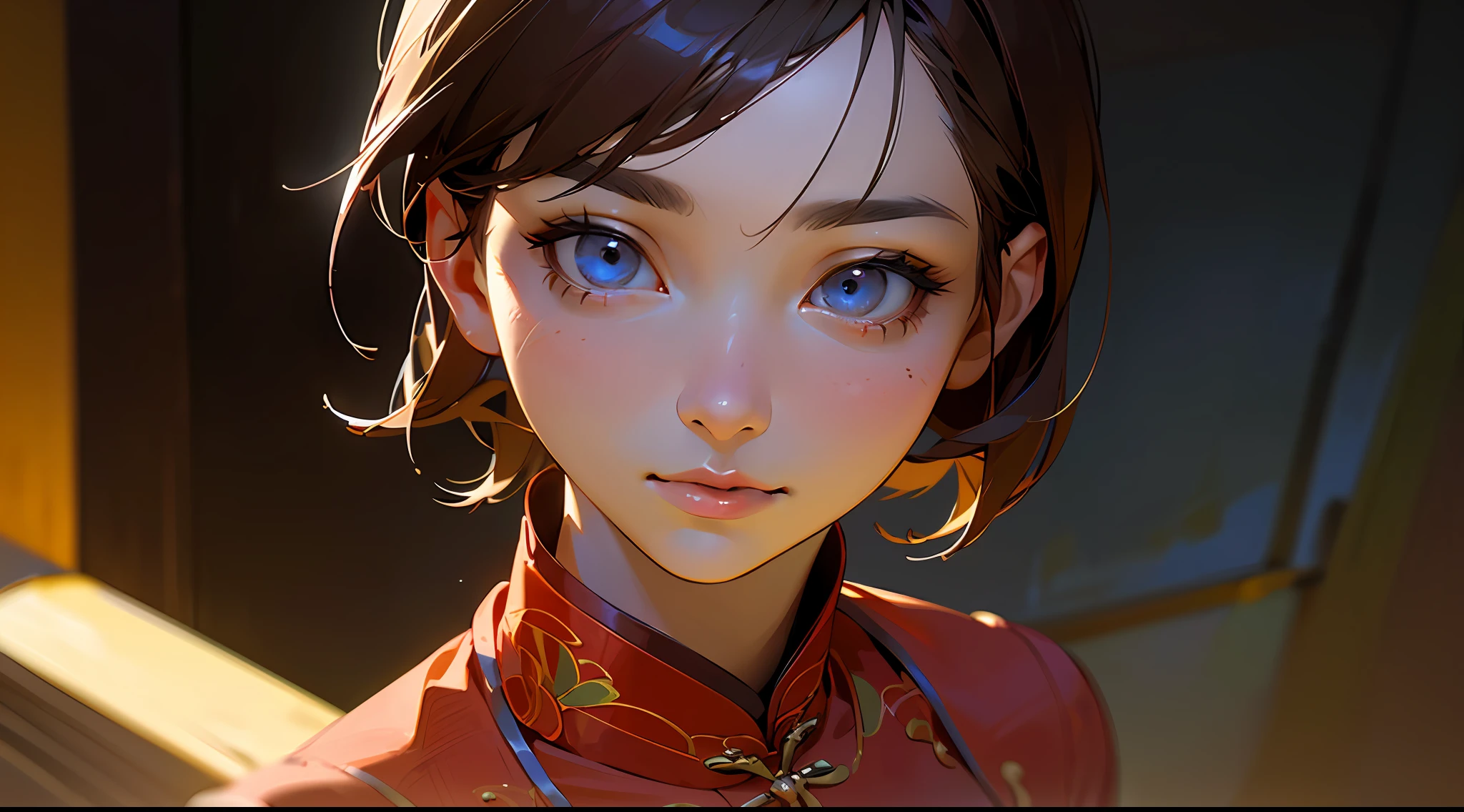 ((Realistic lighting, optimal quality, 8K, masterpaintings:1.3)),( sharp fokus:1.2), Girl Huge breasts, (Beautiful Women with Perfect Figure:1.4),Close-up strengthened,Slim:1.1, ((long and dark brown hair)), (Red cheongsam:1.4),(exteriors,during night:1.1),urban street,High-rise buildings and deep alleys,Ultra-fine face,Fine eyes,双眼皮,Close up of