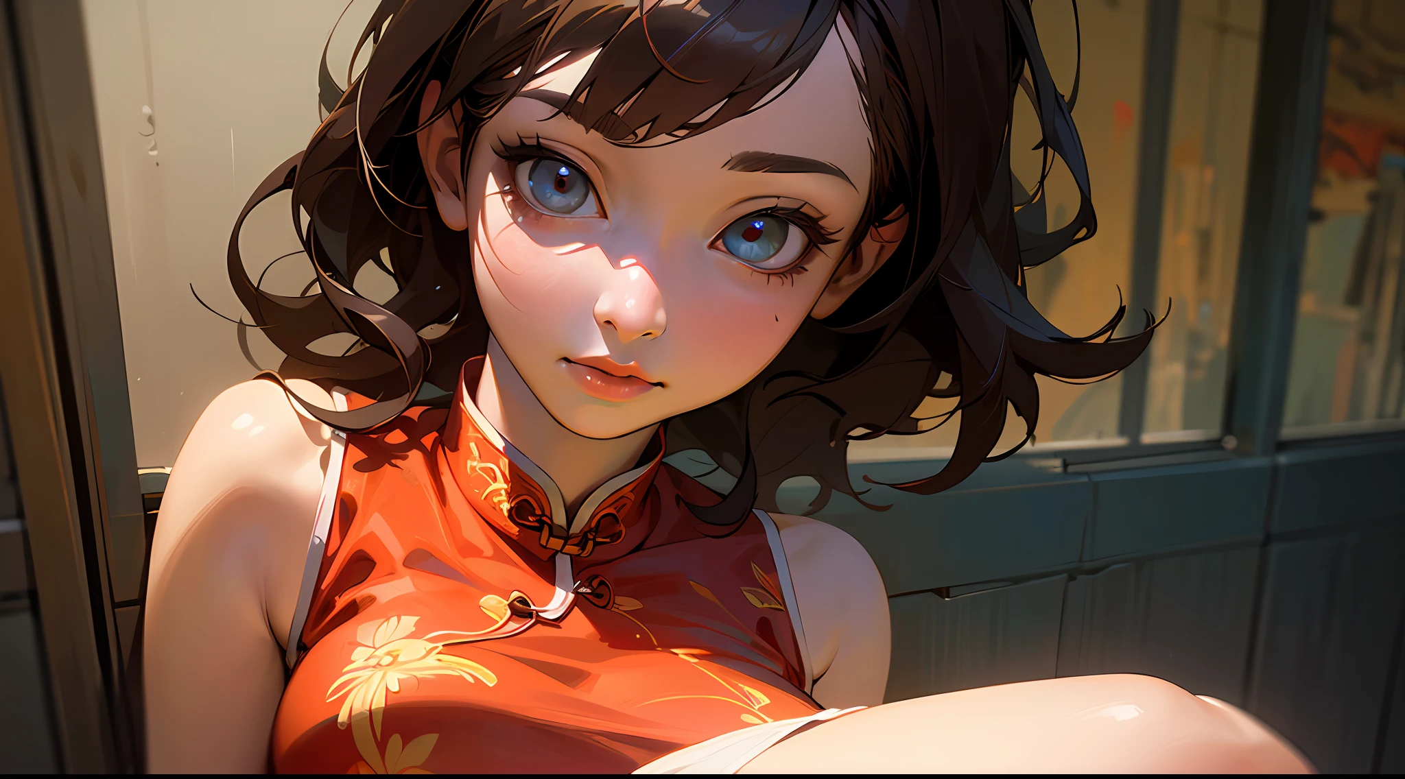 ((Realistic lighting, optimal quality, 8K, masterpaintings:1.3)),（ sharp fokus:1.2）, Girl Huge breasts, （Beautiful Women with Perfect Figure:1.4）,Close-up strengthened，Slim：1.1, ((long and dark brown hair)), (Red cheongsam:1.4）,（exteriors，during night：1.1），urban street，High-rise buildings and deep alleys，Ultra-fine face，Fine eyes，双眼皮，Close up of