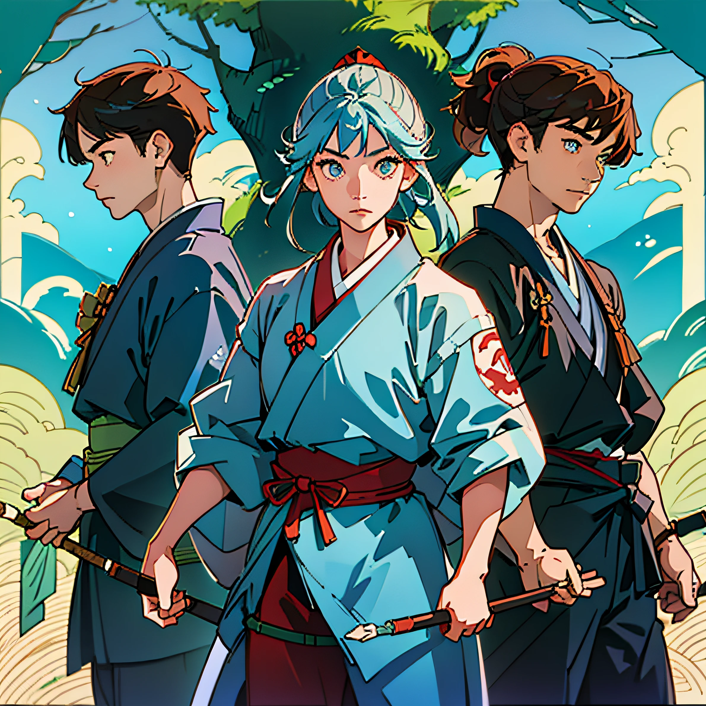 A group of men in costume, Standing on the roof, The Blood Moon is in the sky, crazy, half-closed eyes, goggles, white hair, blank eyes, Ukiyo-e, Fujicolor, highres --auto