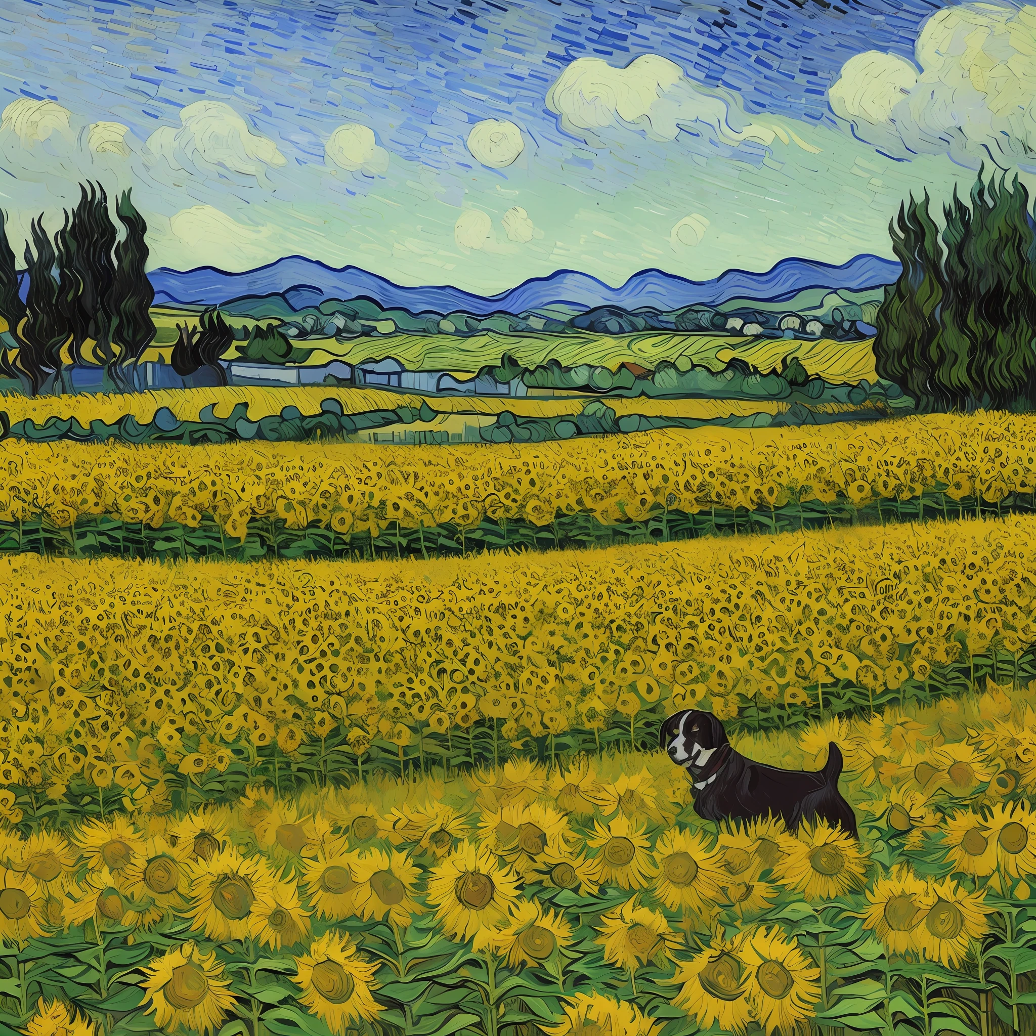 dog in sunflower field, Van Gogh, arte
