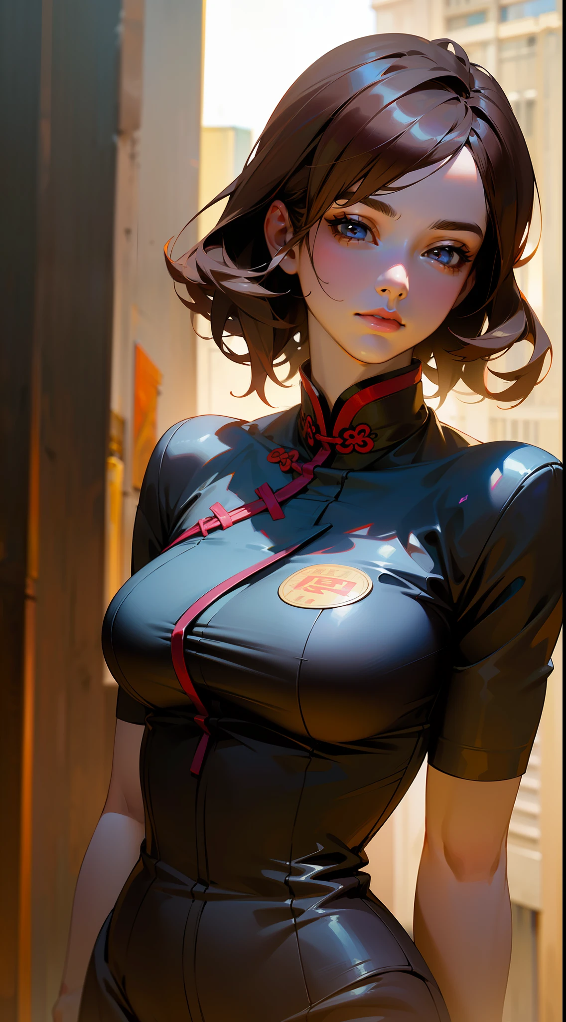 ((Realistic lighting, optimal quality, 8K, masterpaintings:1.3)),( sharp fokus:1.2), Girl Huge breasts, (Beautiful Women with Perfect Figure:1.4),Close-up strengthened,Slim:1.1, ((long and dark brown hair)), (red-white qipao:1.4),(exteriors,during night:1.1),urban street,High-rise buildings and deep alleys,Ultra-fine face,Fine eyes,双眼皮,Close up of