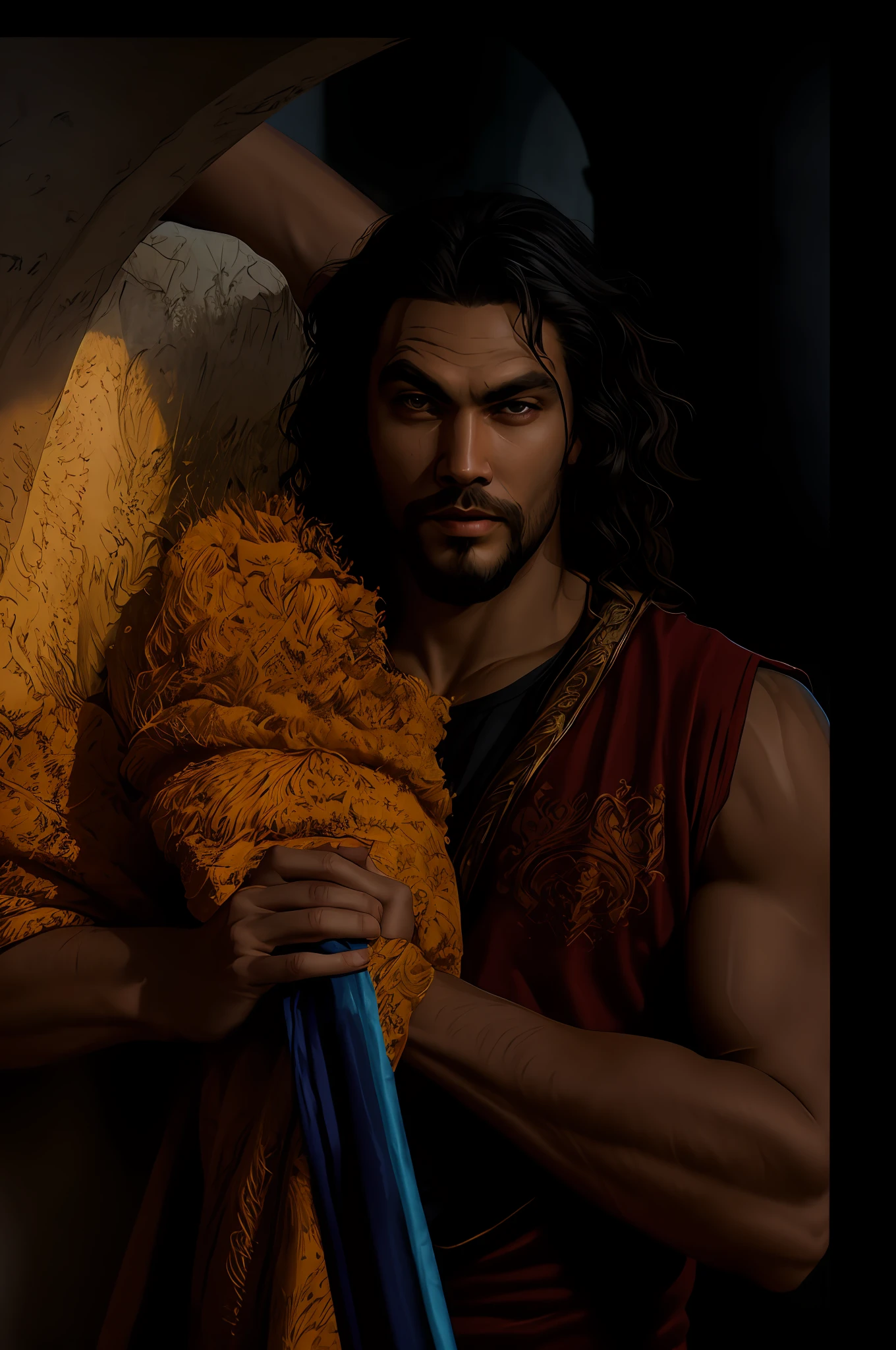 Homem de camisa marrom segurando um pau de madeira, jason momoa as assyrian, handsome prince of persia, portrait of demigod hercules, Directed by: Juan Carlos Stekelman, ary scheffer, Alexandros Pyromallis, como um personagem de fantasia medieval, Hercules, Retrato de Zeus acidentado, ossos como, jason momoa, , Photo Session, Fotografado na lente de 25mm, profundidade de campo, Tilt Blur, velocidade do obturador 1/1000, F/22, White balance, 32k, Super-Resolution, Por foto RGB, half rear lighting, luz de fundo, dramatic lighting, incandescente, soft lighting, volumetric, Dia do Conto, global illumination lighting, Global Screen Space Illumination, Scattering, Sombras, Rough, Cintilante, Lumen reflections, screen space reflections, Diffraction Grading, chromatic aberration, Deslocamento de GB, Linhas de varredura, ambient occlusion, antialiasing, FKAA, TXAA, RTX, SSAO, Sombreadores OpenGL, Post processing, post - production, Cell Shading, Mapeamento de Tons, .......cgi, VFX, SFX, Insanamente detalhado e intrincado, Hiper maximalista, elegante, dynamic pose, fotografia, volumetric, ultra-detalhado, detalhes intrincados, super detalhado, ambient –uplight –v 4 –q 2