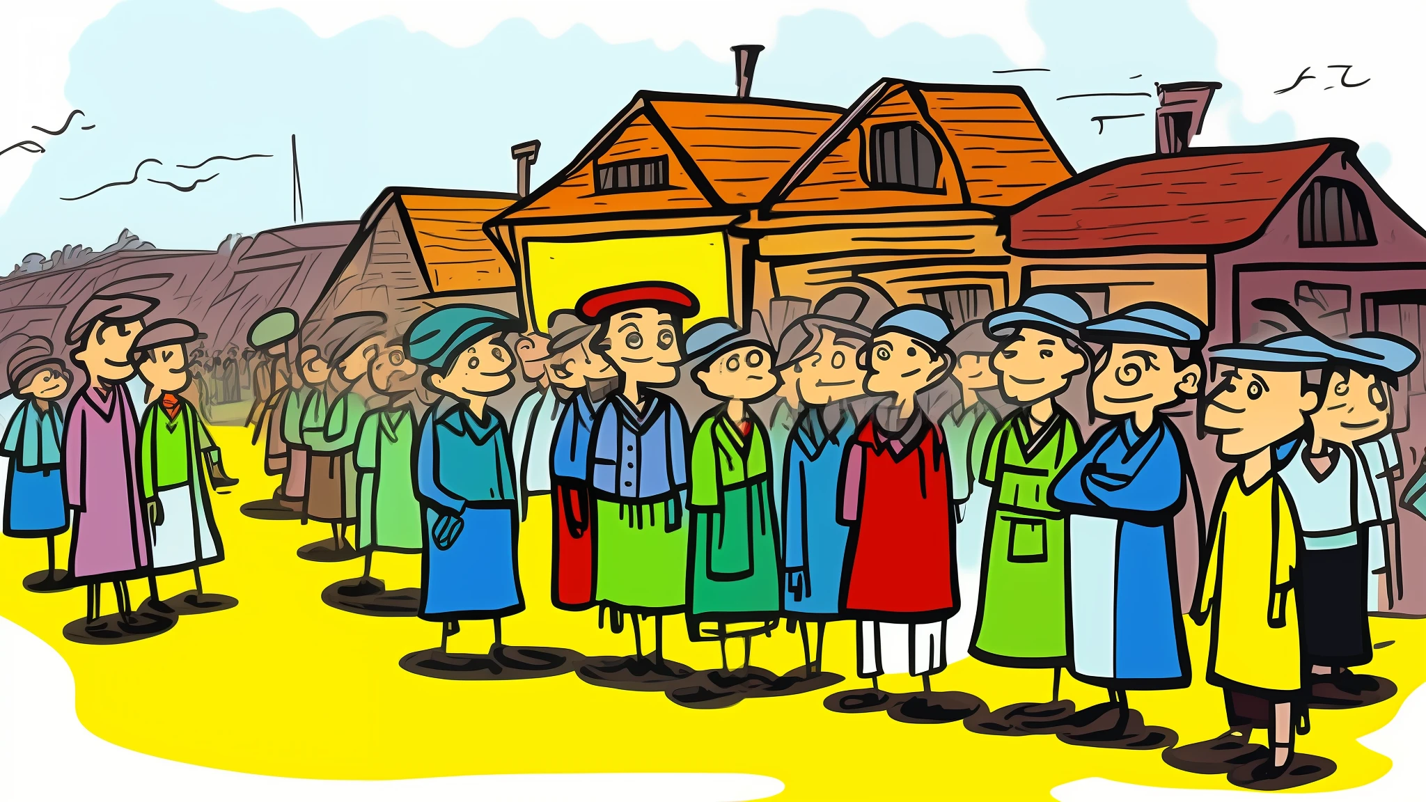 Many villagers in village in cartoon