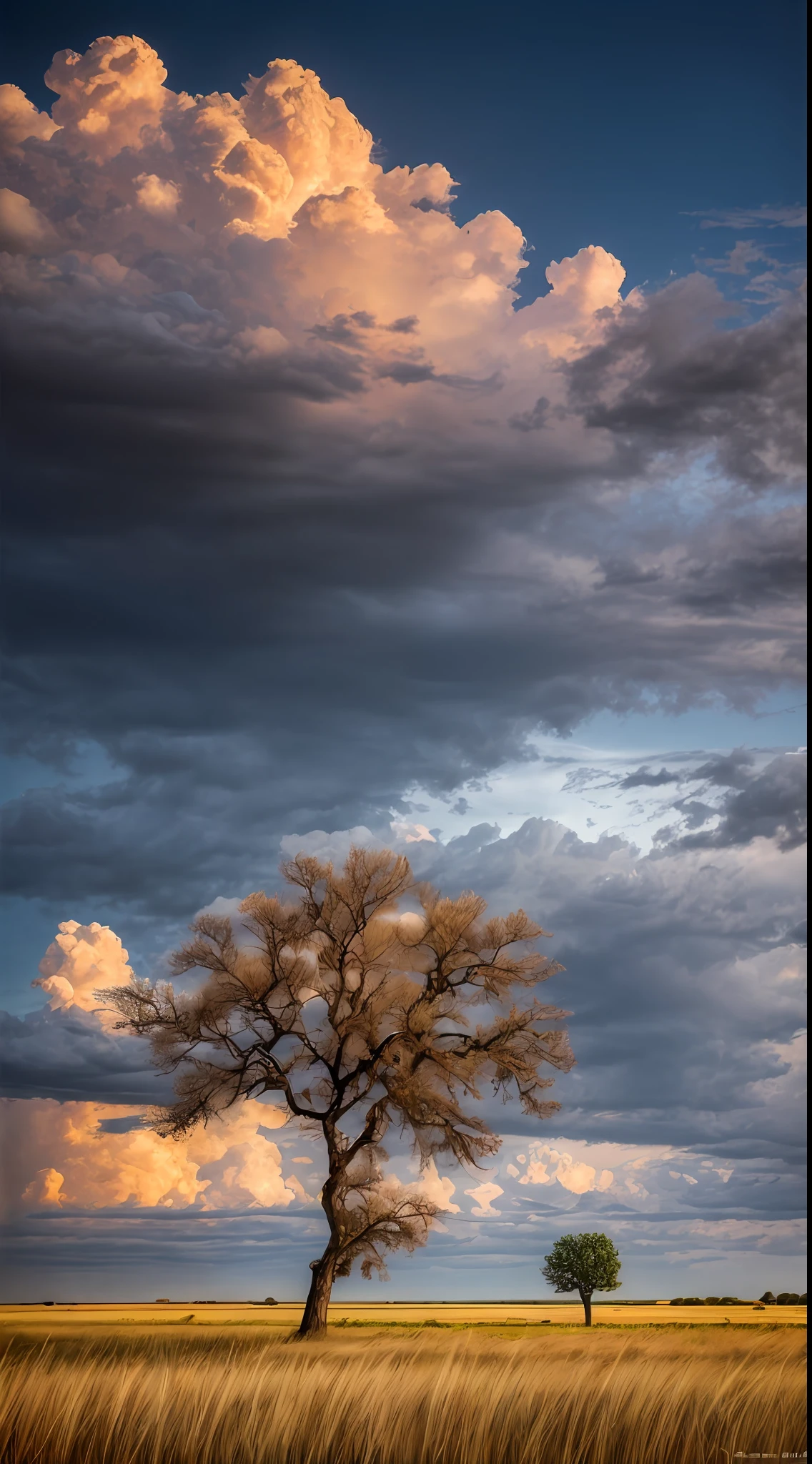 ((masterpaintings)), (((optimal quality))), ((superdetailed)), (astonishing:1.1), beatifull, naturey, Sky and steppe, Big wind, windblown, Line Cloud, overcast weather,raining lightly, A tree,A flower,In the midst of lush landscapes, award winning photo of, Toshiba PDR M70 boo