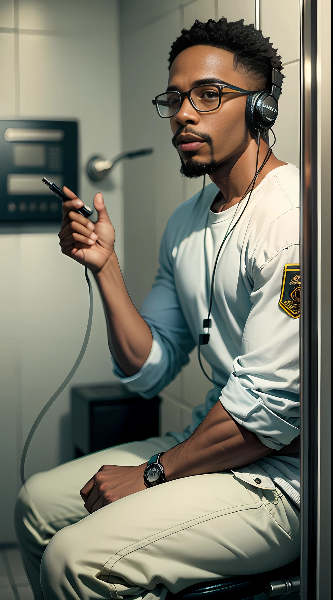 African American, black man in his 20s, short mustache, glasses from 1980s, in jail, sitting on a metal toilet, Prison uniform, headphones in his ears, holding headphones wire