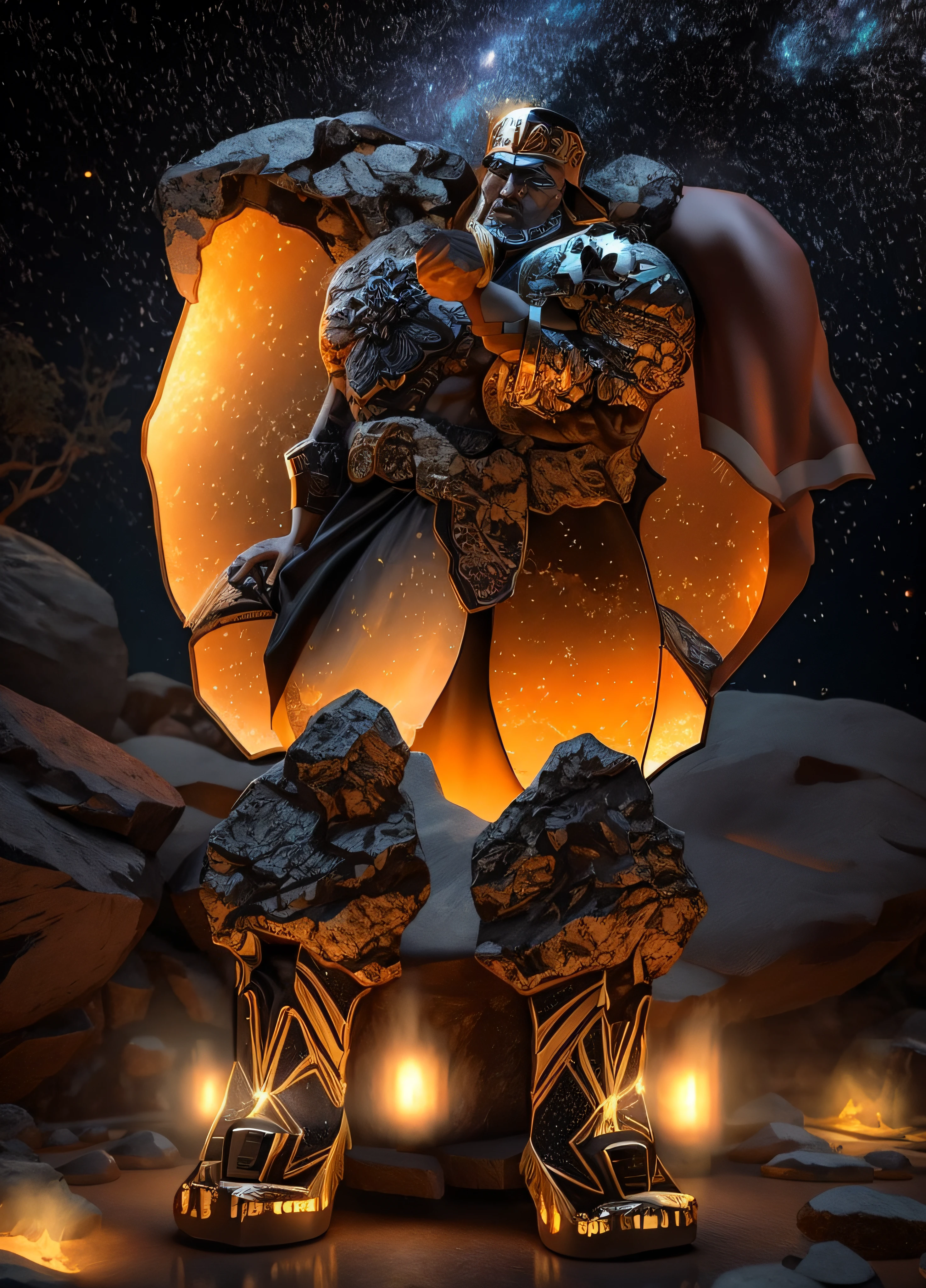 There is a digital painting of a stone giant with black thighs and arms with dots bright as stars, vestido completo da vitrine de lava, Um enorme deus gigante celestial, a shaman holding up the universe, corpo com lava preta e vermelha, Deserto Fighter Mago Antigo, barbarian on mars, Imperador do universo conhecido, galactic deity, male djinn man demon hybrid, Deusa ciborgue no cosmos, djinn man male demon, 3d render em 8k, melhor qualidade, obra-prima, Nikon, luz e sombras realista, 8k, ray tracing, NVIDIA, unreal engine 5,
