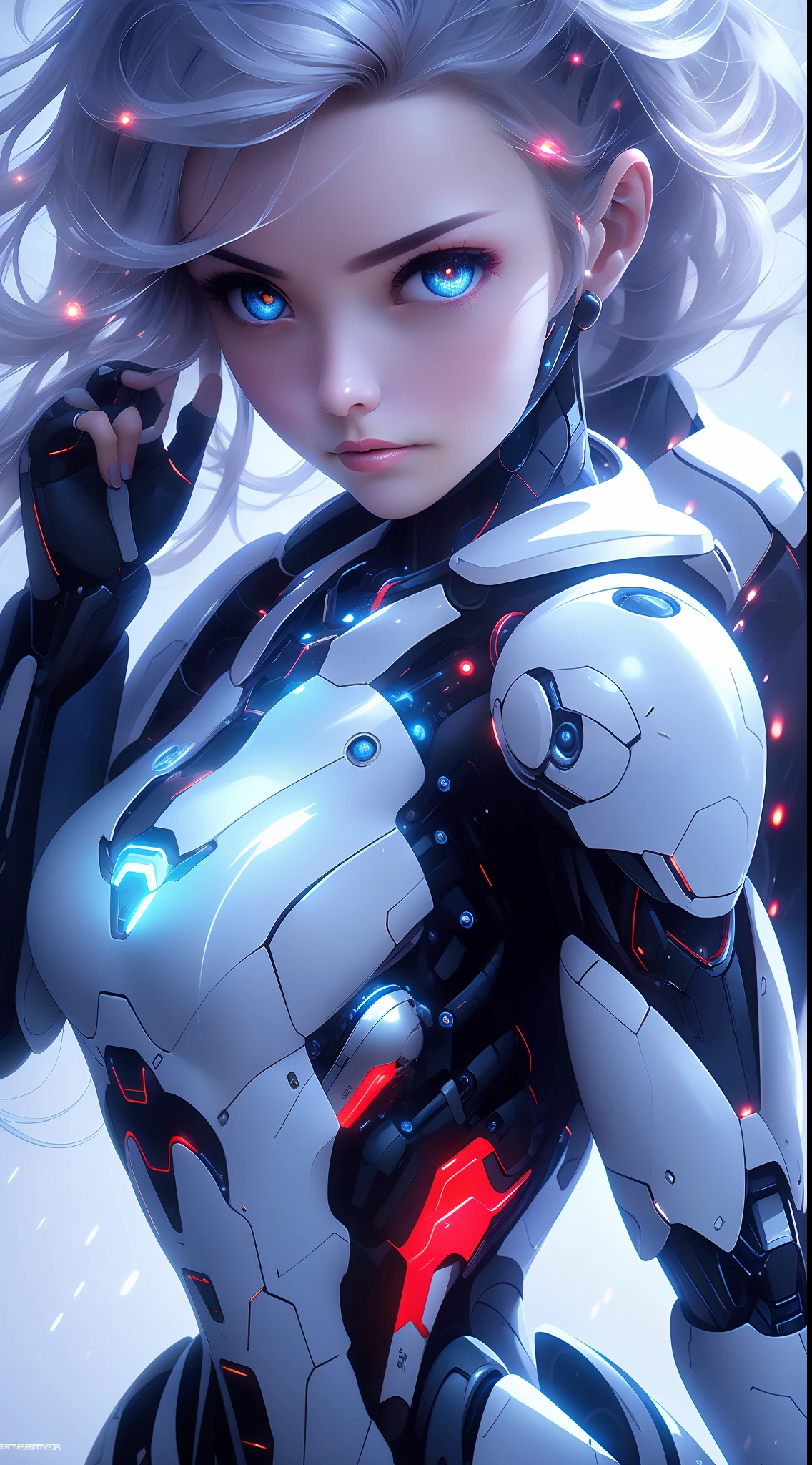 1girl huge large breasts,(edgMechagirl,A woman in a mecha costume,futuristic armor,Wearing edgMechaGirl cyber_armor:1.2),Complex armor mechanism,a bioluminescence,rich color matching,Perfect face,Nice face,Coral eyes,Silver ponytail,mediuml breasts,Very detailed details,sexy cleavage,Preposterous,sci-fi movie, Preposterous,((Whole human body)),Faraway view,the panorama,dynamicpose。