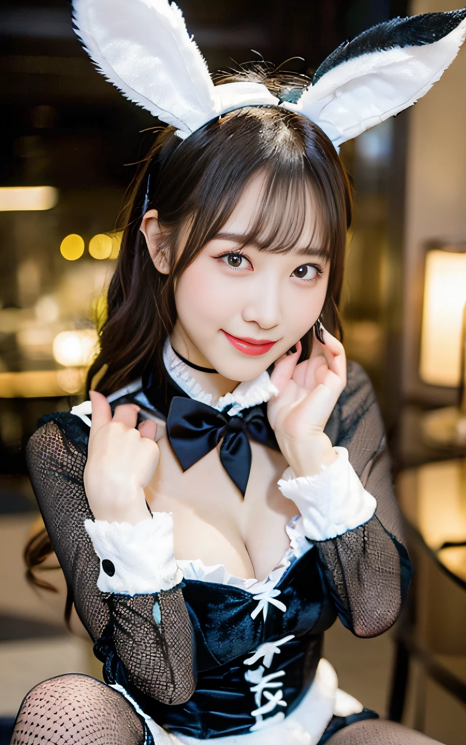 in 8K, Velvet bunny costume, velvet, bunny girl, Chest close-up, Ultra realistic bunny girl, Bokeh background, bokeh feeling, Some bunny girls on the background, Japanese, Sorrisos, Happy Eyes, shiny white skin, girl cute, Coarse fishnet stockings, High heel, small tits, cleavage breasts, White choker and black bow tie around neck, White cuffs on wrist, waiting room, Upper body close-up